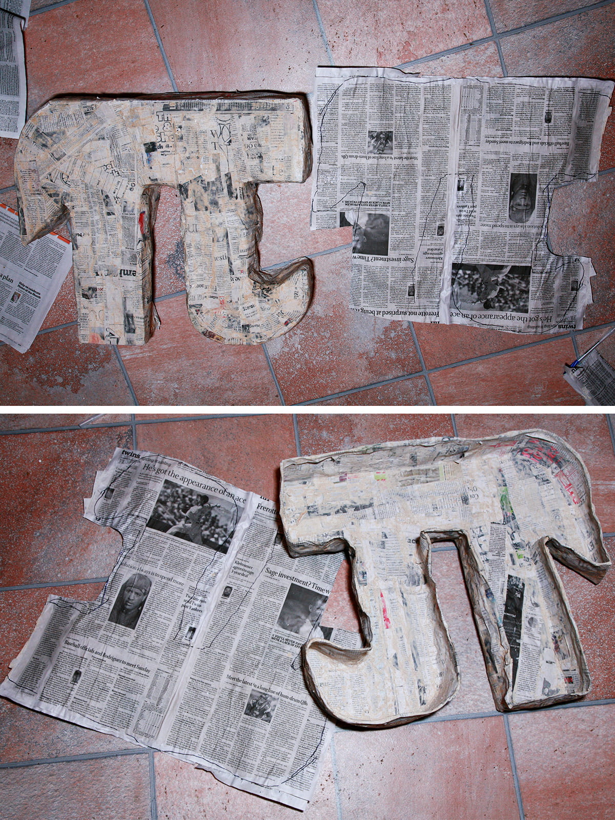 The papier mache form is used to trace its shape onto a rectangle of flat paper mache.
