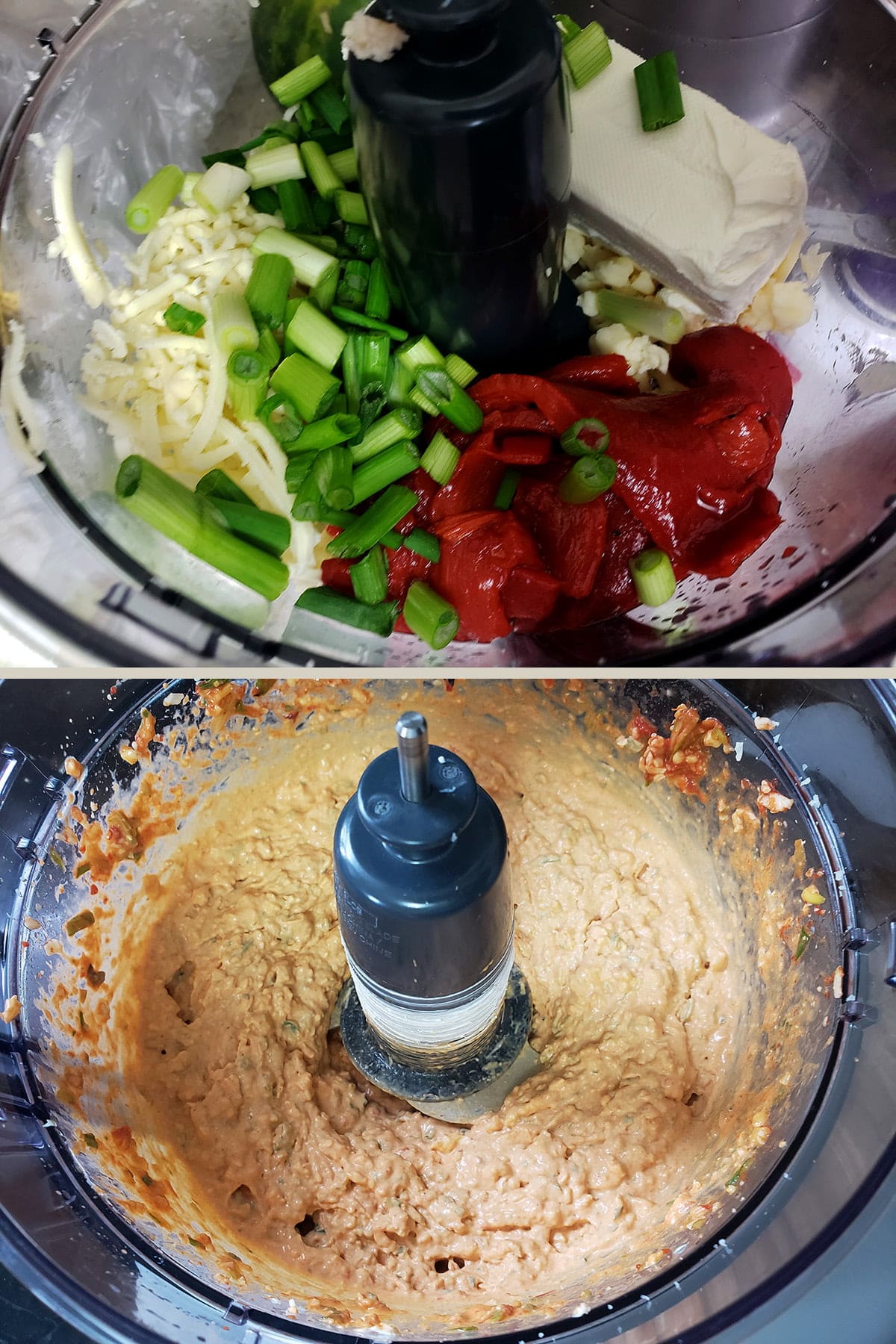 A two photo compilation image. On the top, distinct ingredients are shown in a small food processor. One the bottom, the ingredients have been blended together to form a reddish mixture.