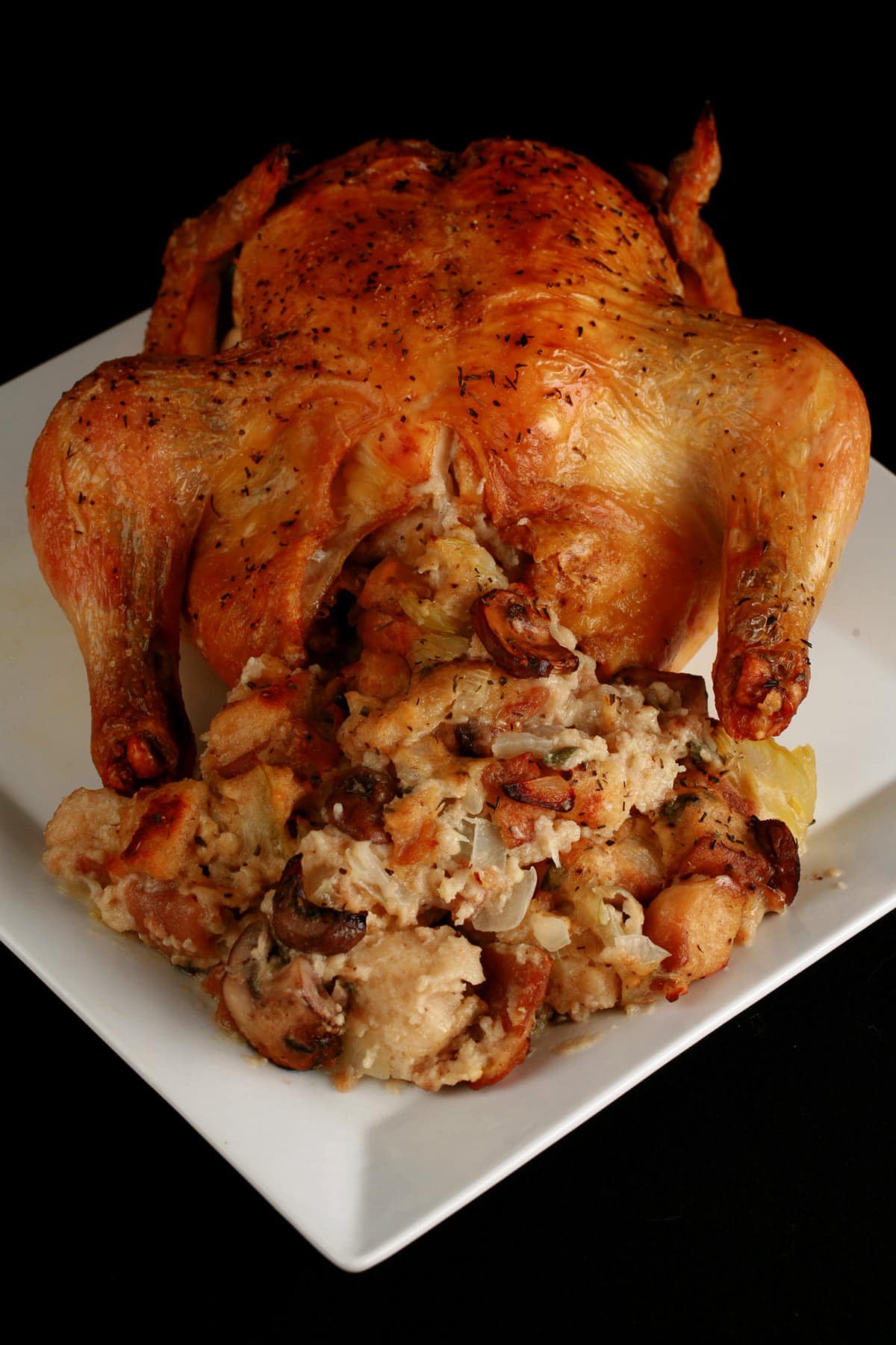 Close up image of a roasted turkey, with an abundance of stuffing visible. It is on a white plate.