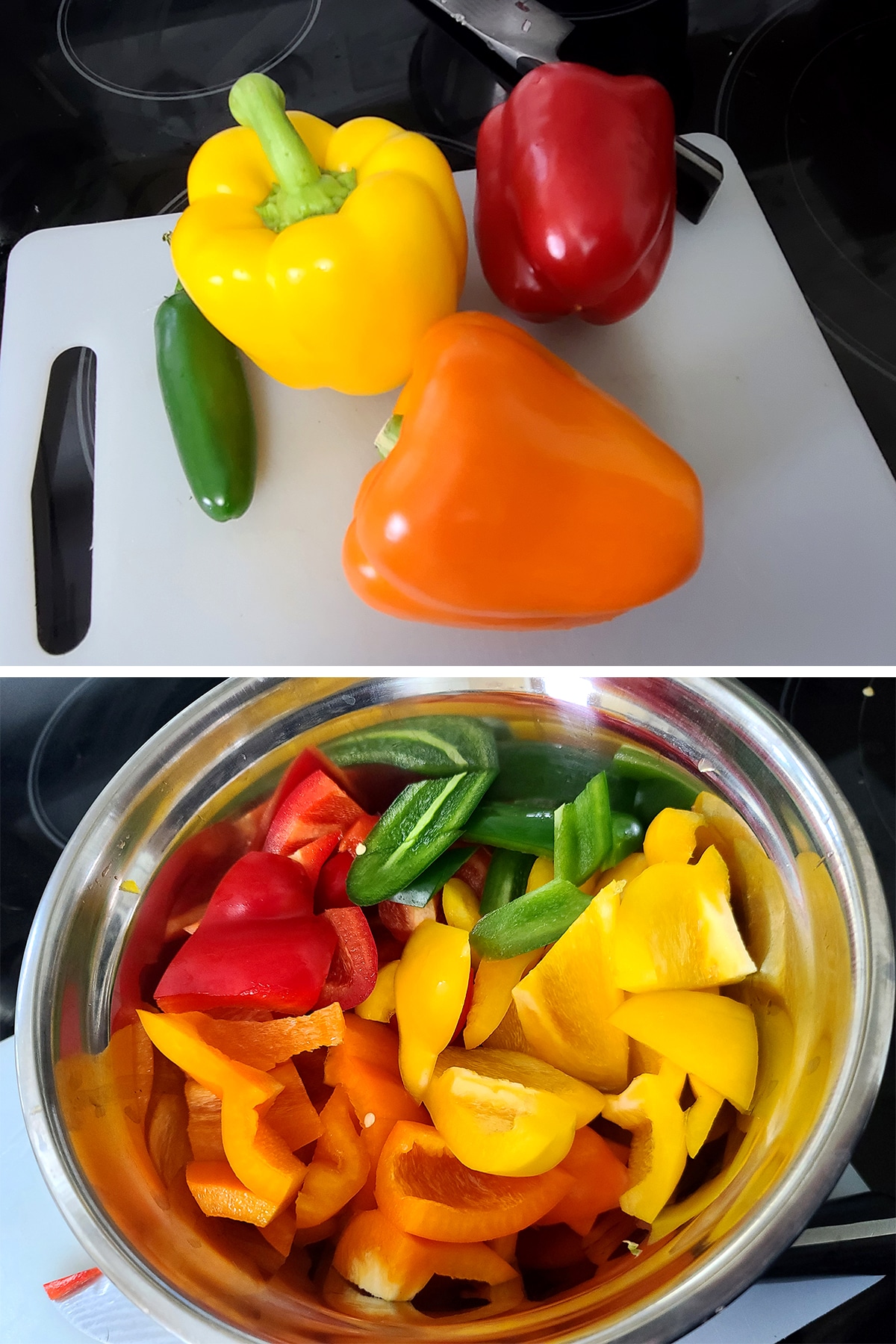 Red, orange, yellow, and jalapeno peppers, before and after being chopped up.