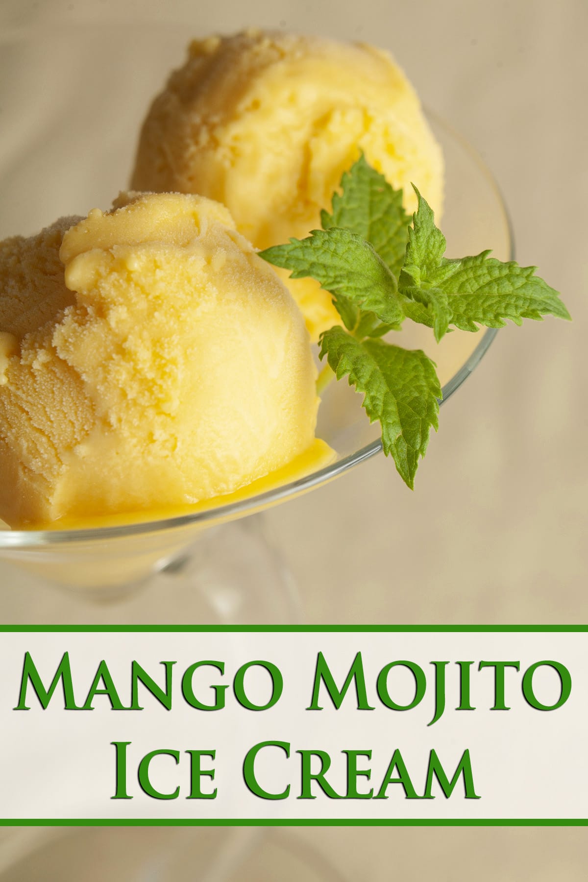 Two scoops of a rich yellow mango mojito ice cream, in a martini glass. It's garnished with a sprig of fresh mint.