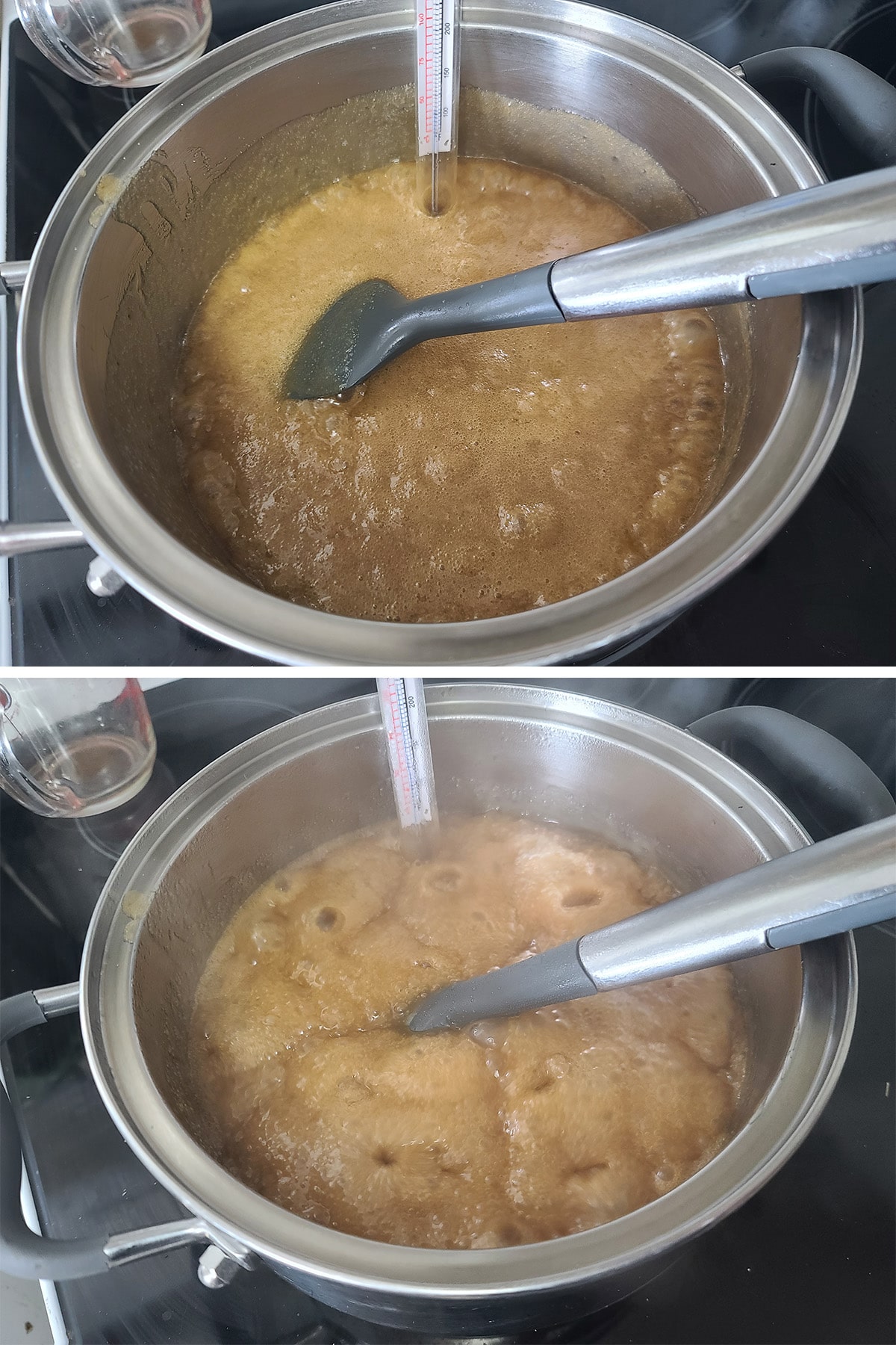 A large pot with a brown coloured boiling sugar mixture.