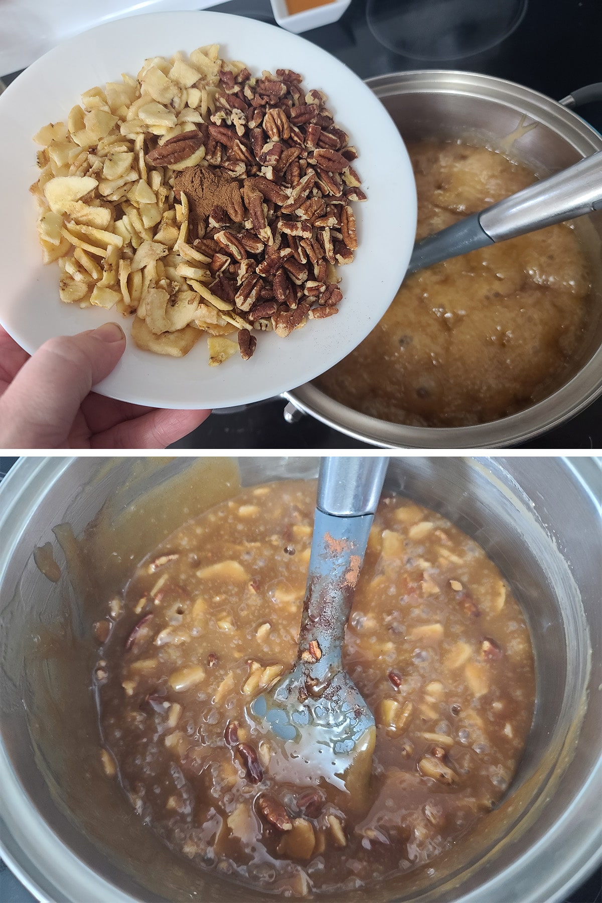 Nuts and banana chips being stirred into the sugar mixture.