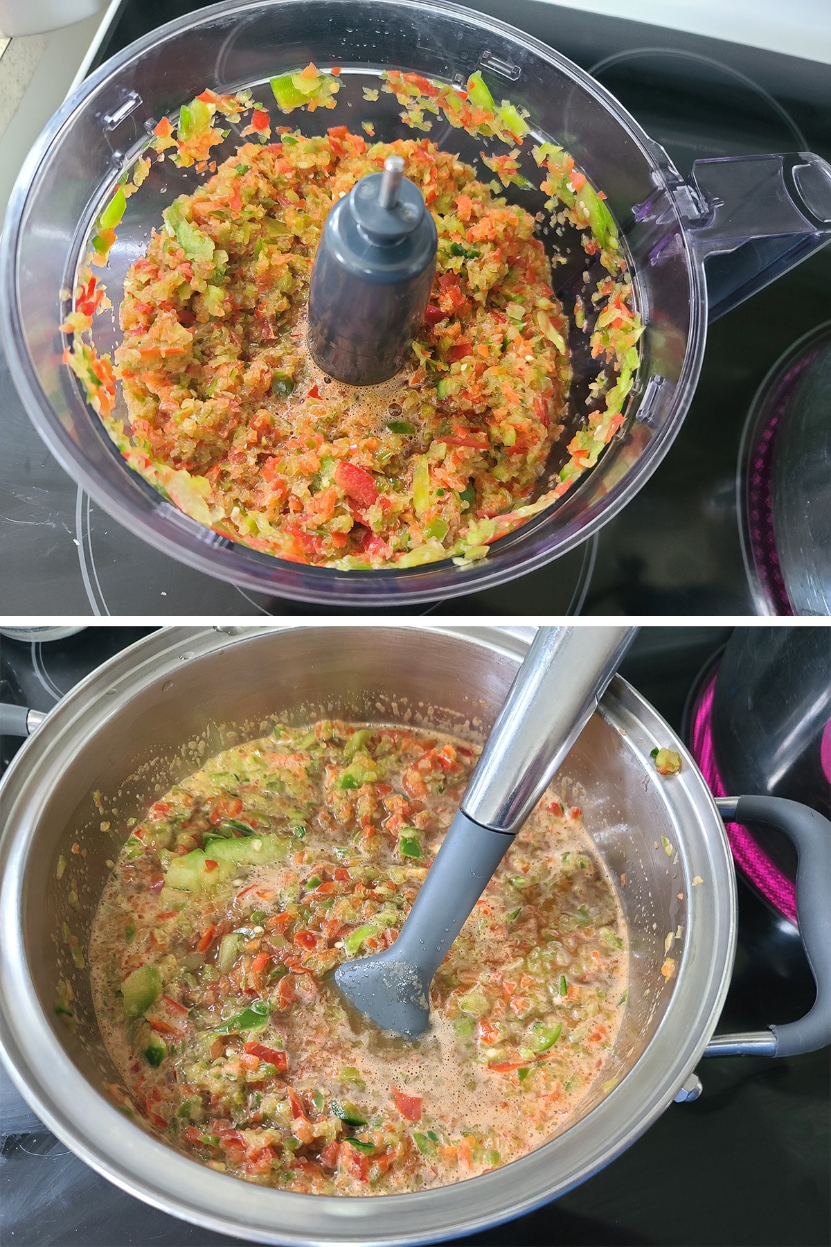 A finely chopped peppers in a food processor, then added to the pot.