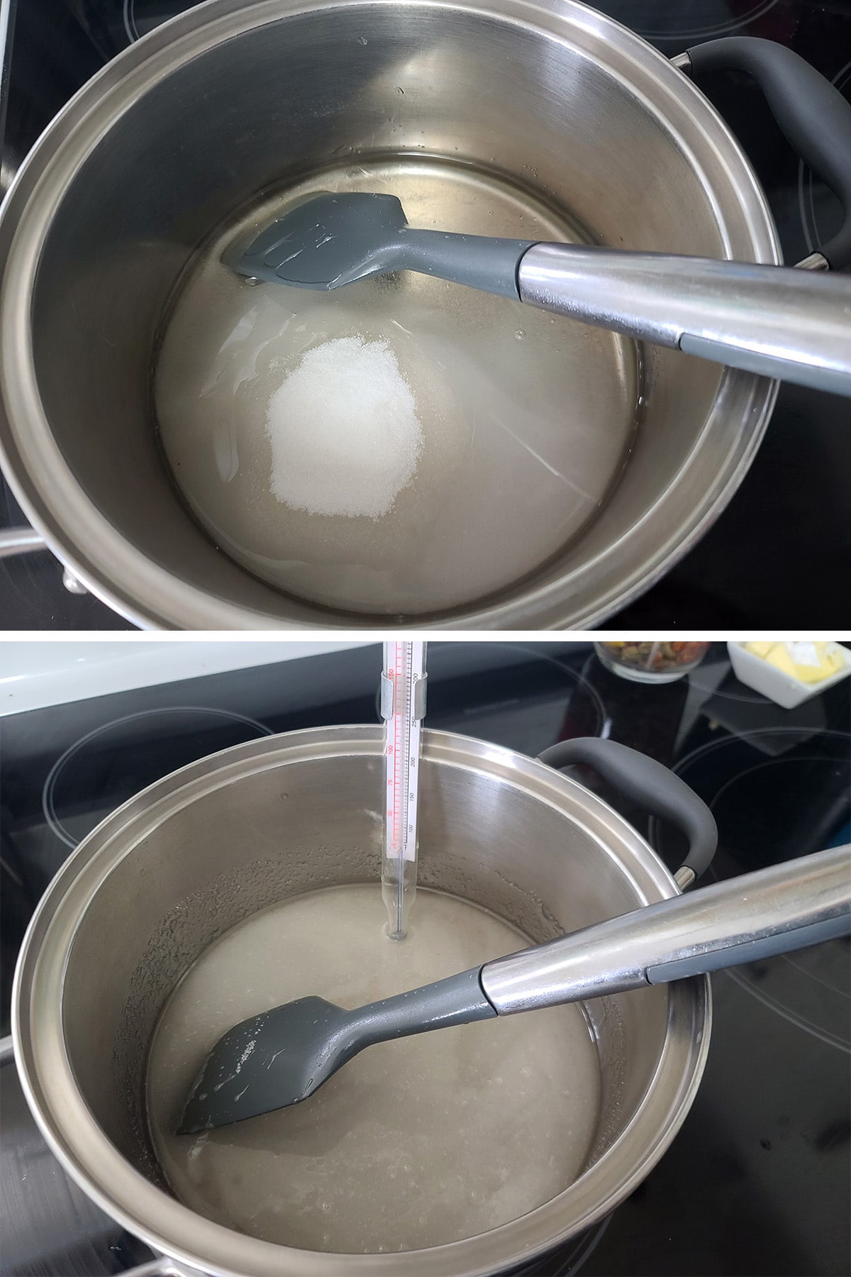 Corn syrup and water being mixed in a large pot.