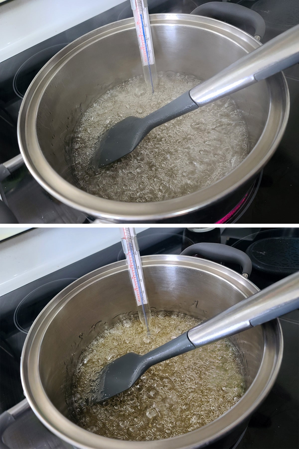 The sugar mixture boiling in a pot, starting to turn golden.