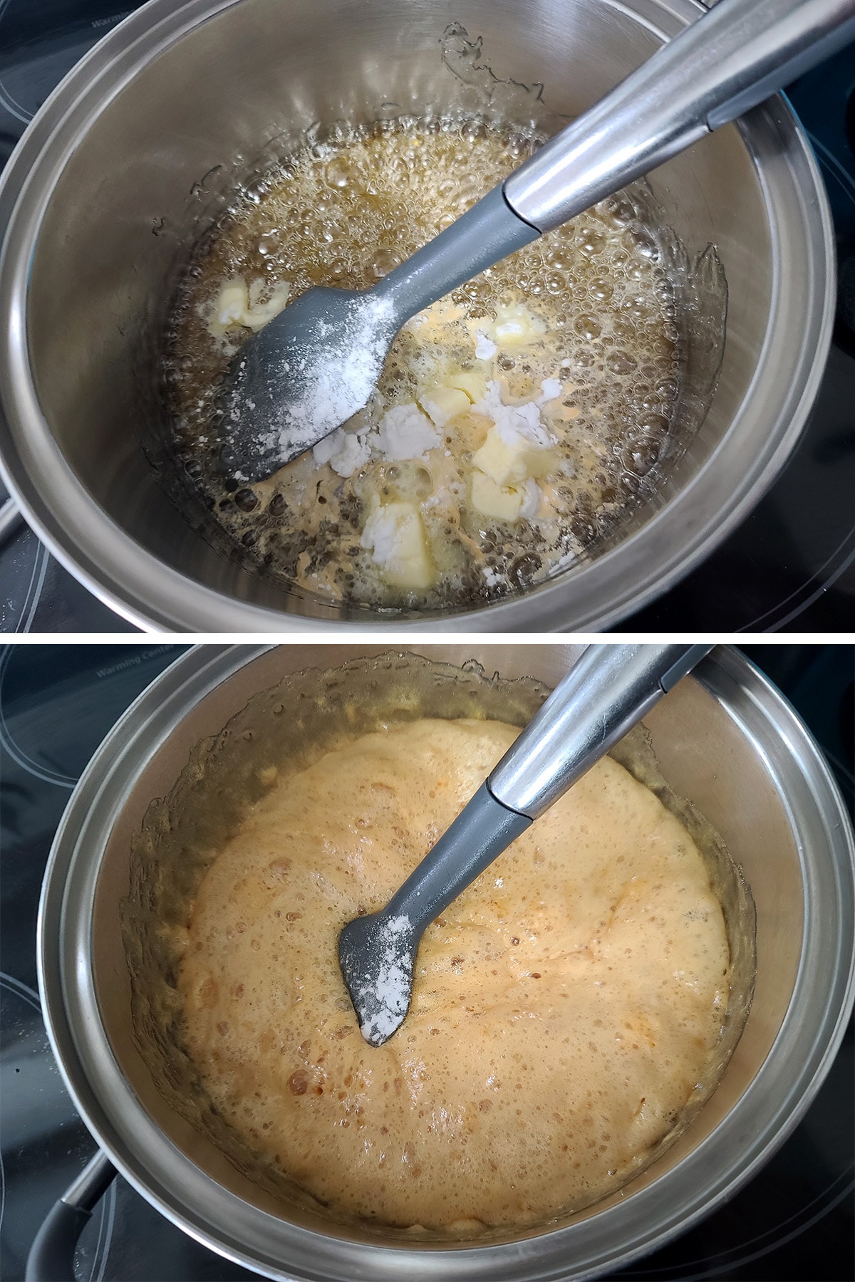 Butter and baking soda being mixed into the hot sugar syrup.