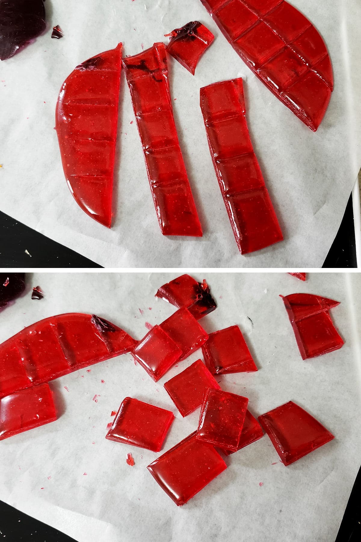 Strips of red hard candy are shown scored, then broken into squares.