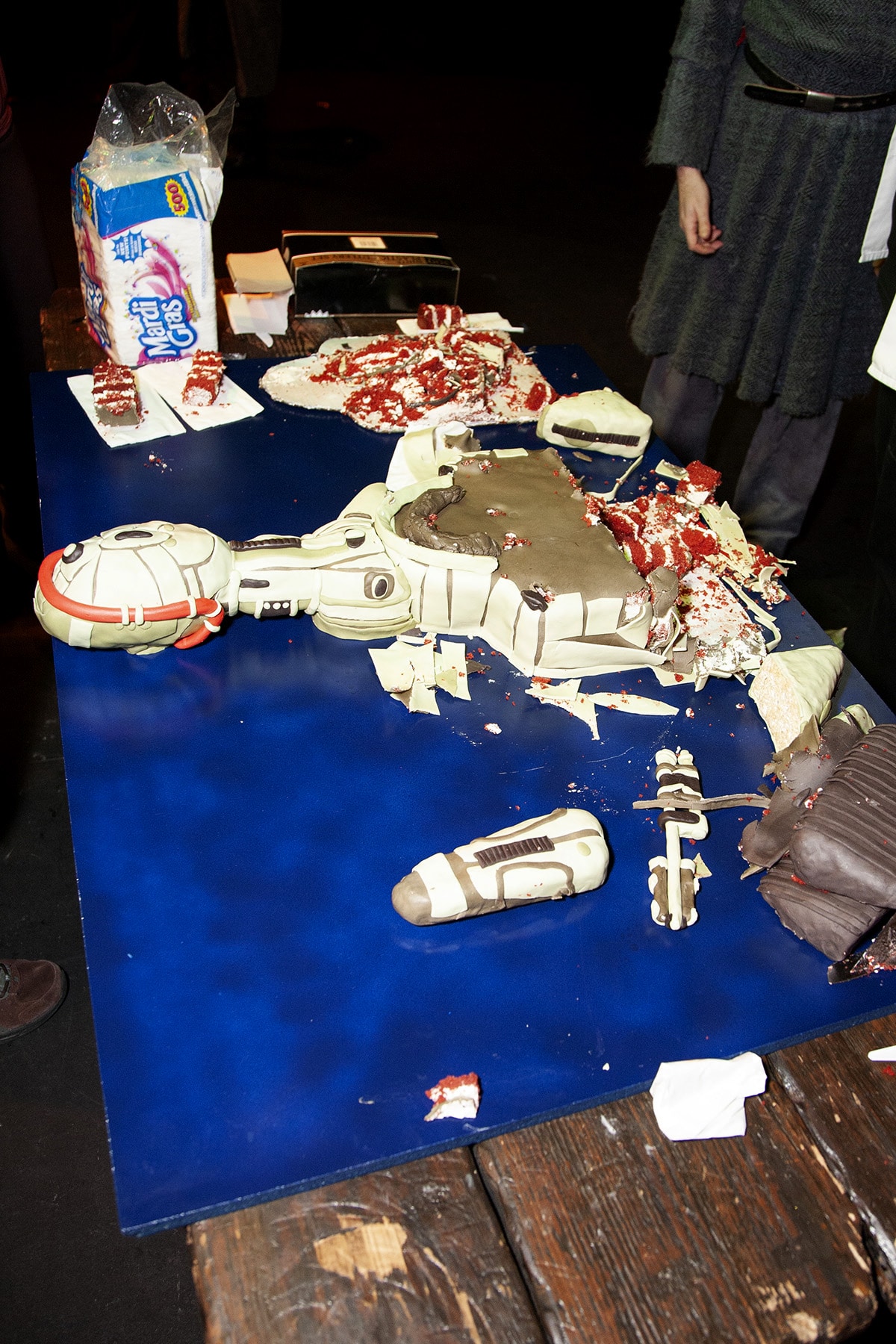 The remains of the Klingon cake, on a long table.