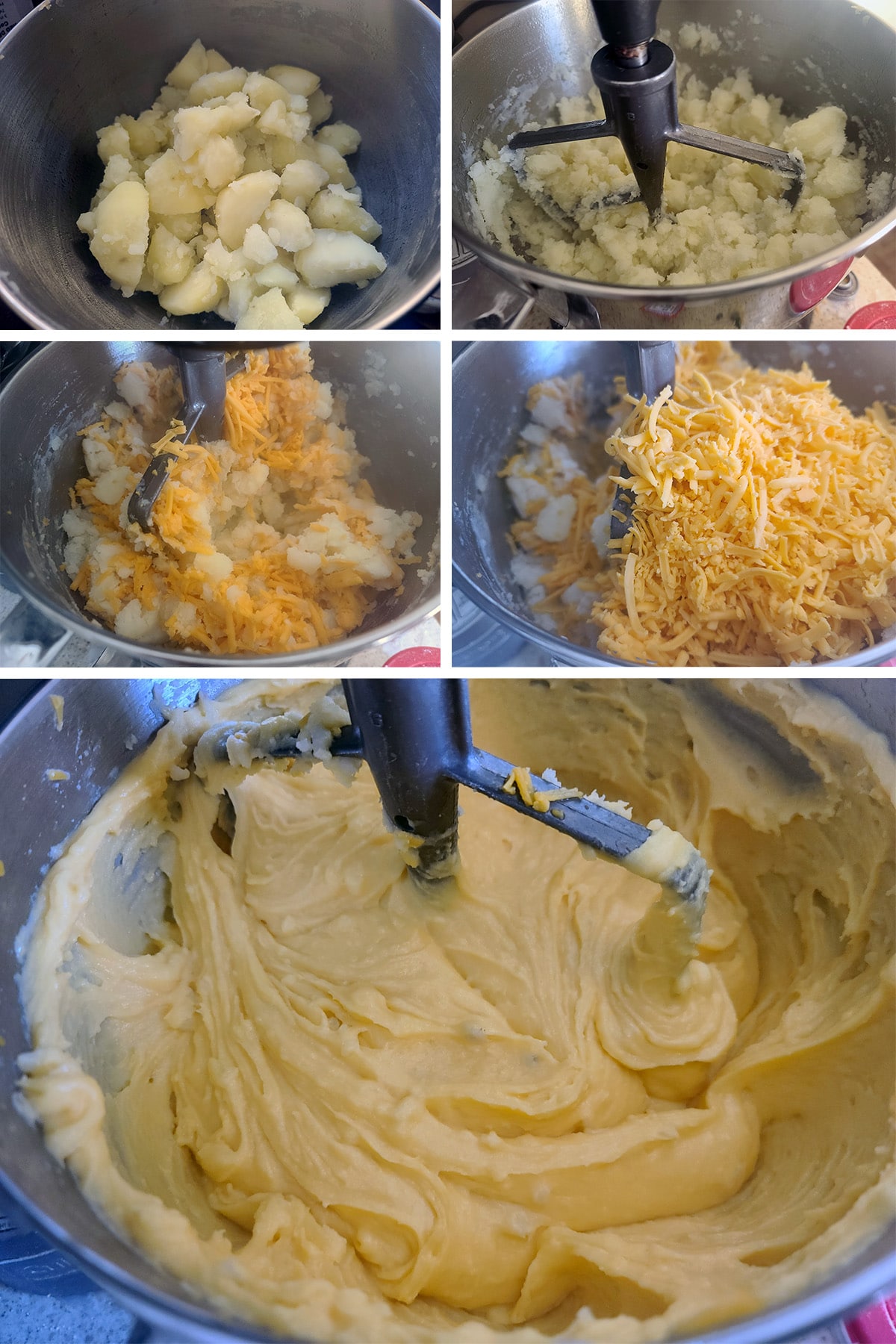 A 5 part image showing the potatoes being beaten with the cheese to form the filling.