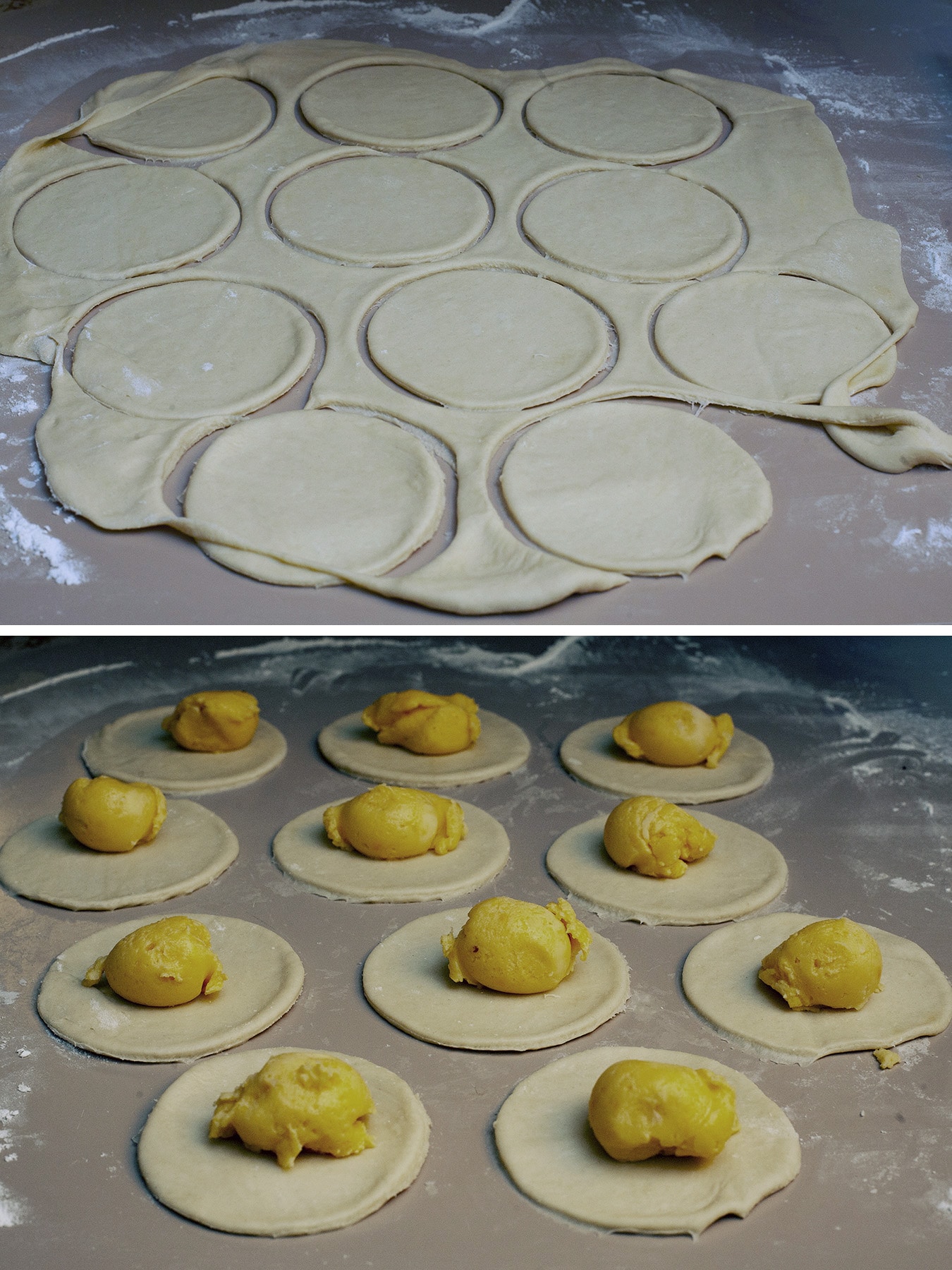 A two part image showing rounds cut from perogy dough, with and without balls of cheesy potato filling on each.