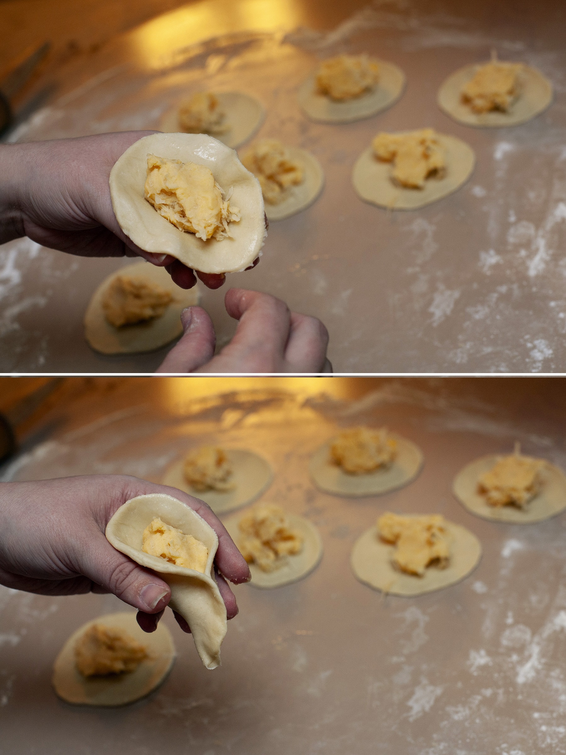 A two part image showing a hand folding dough around potato cheese filling.