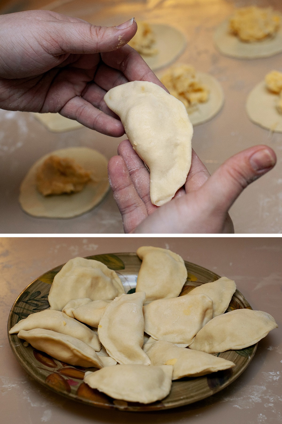 A two part image showing hands holding a foldered perogy, and a plate of freshly formed perogies.