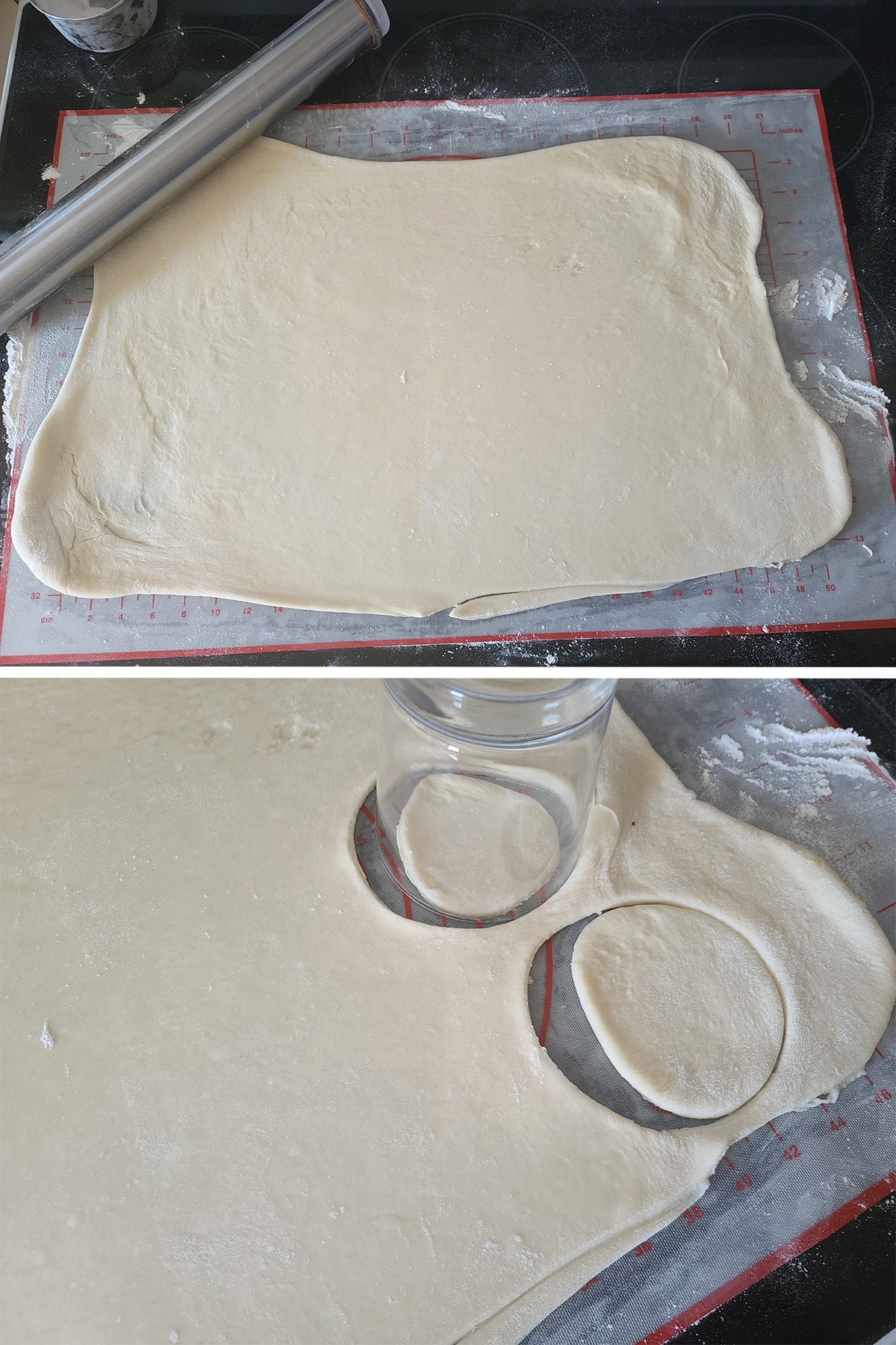 A two part image showing perogy dough rolled out and cut into rounds. The rounds shrink considerably from the cutting.