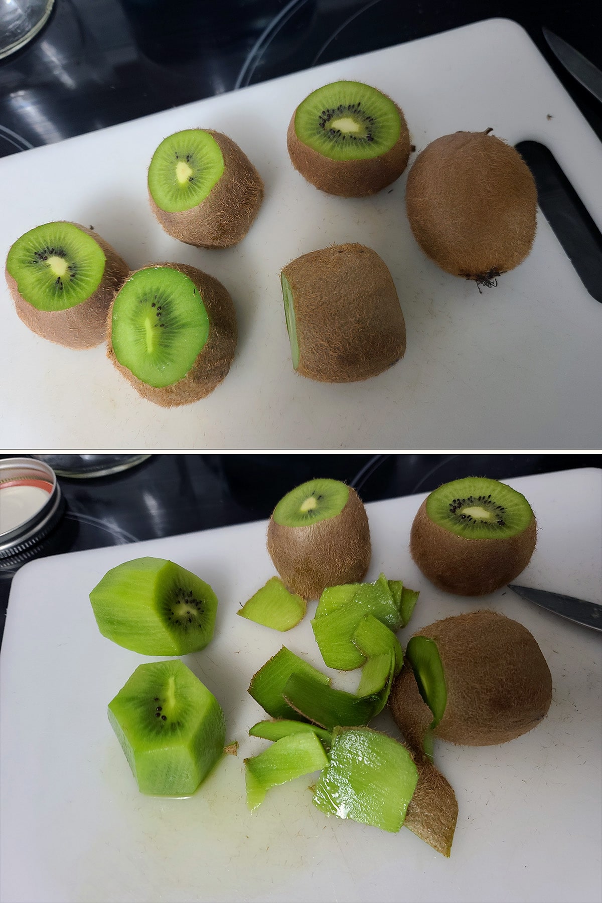 Several kiwis being peeled on a cutting board.