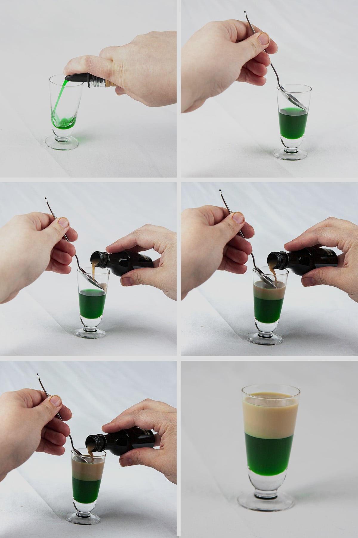 A 6 photo compilation image showing tan coloured cream liqueur being layered onto a green liqueur in a shot glass.