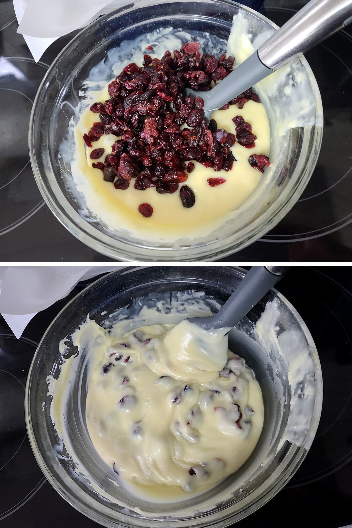 Dried cranberries being stirrred into the melted chocolate mixture.