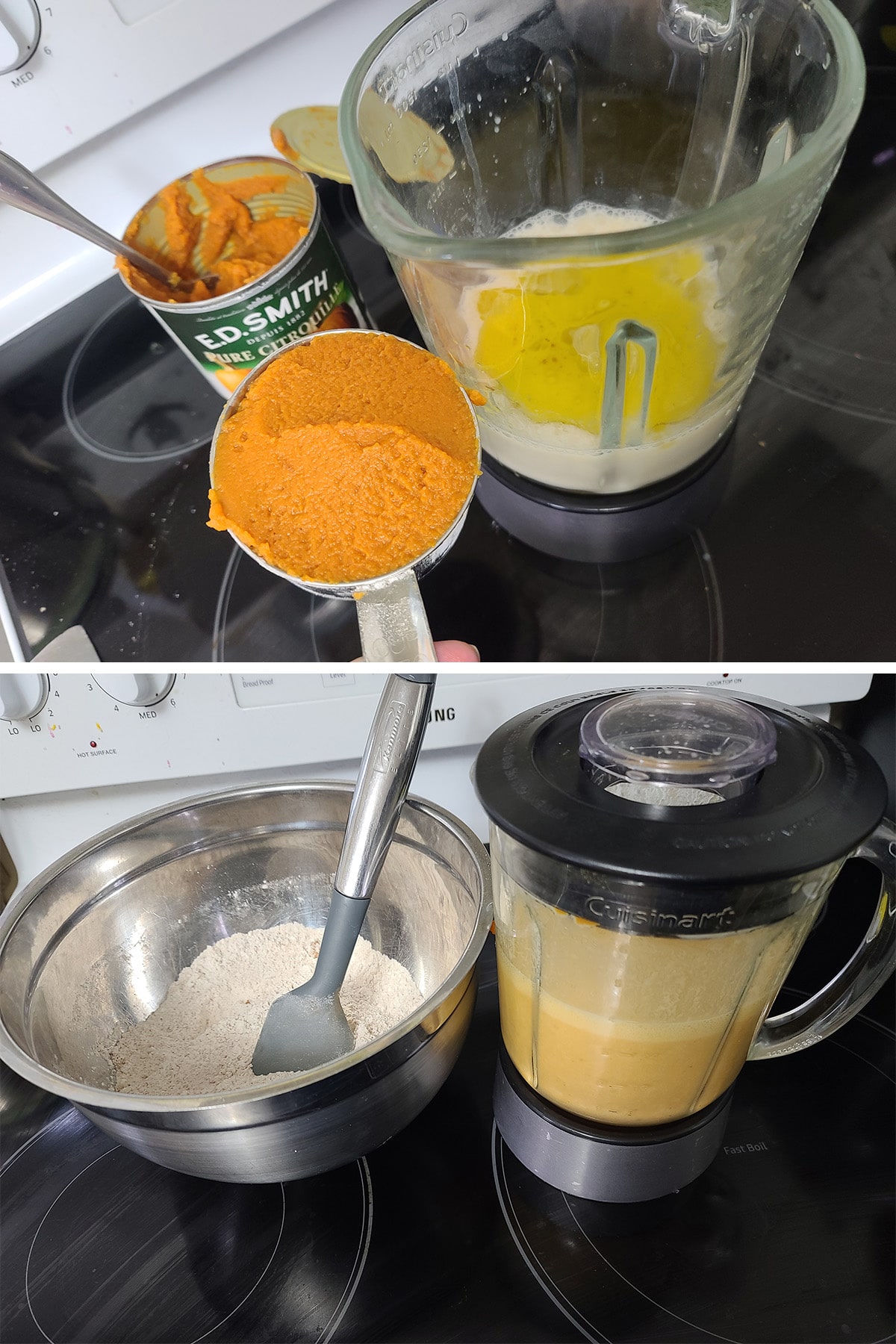 The wet ingredients being added to a blender, and blended.