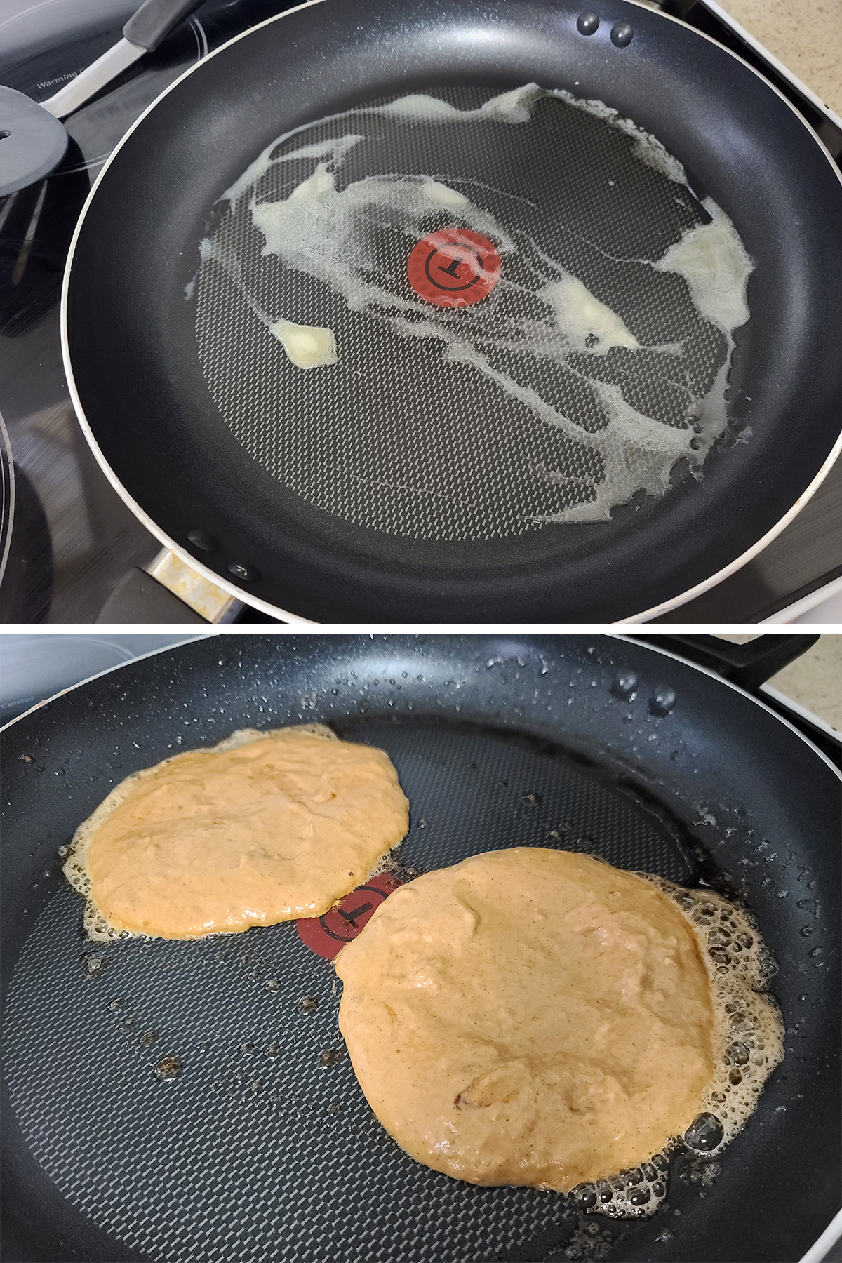 Butter melted in a nonstick pan, batter poured in to make 2 pancakes.