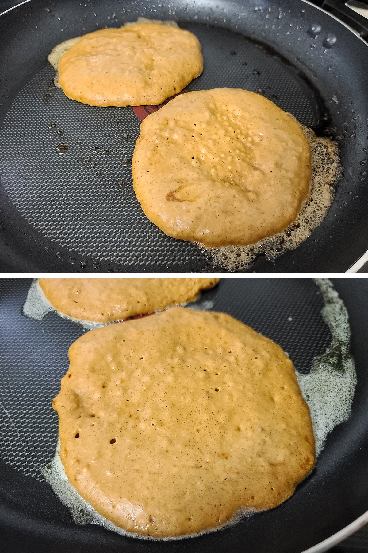 The tops of the pancakes as they're ready to flip - they look a little dry, air bubbles have risen and popped.