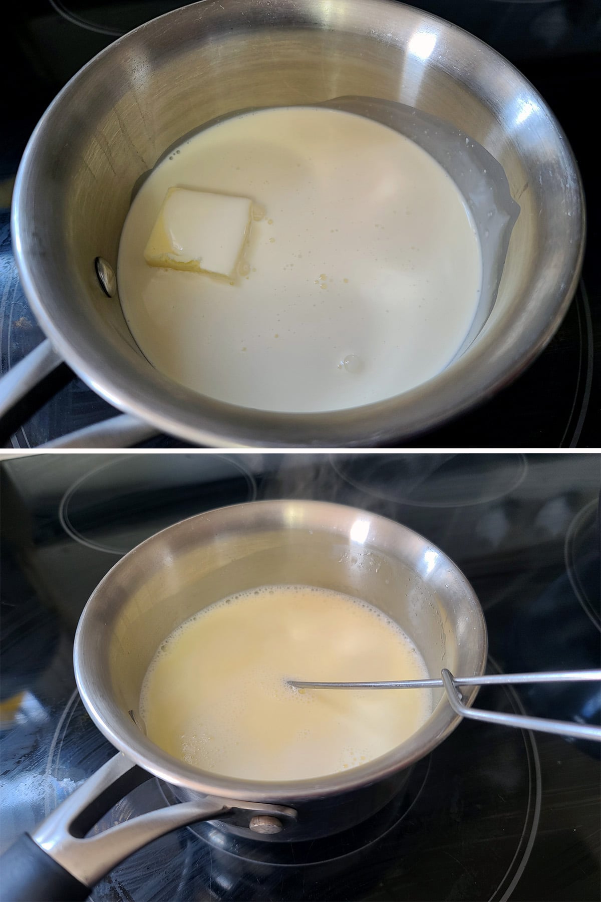 Butter and cream being heated in a small pot.