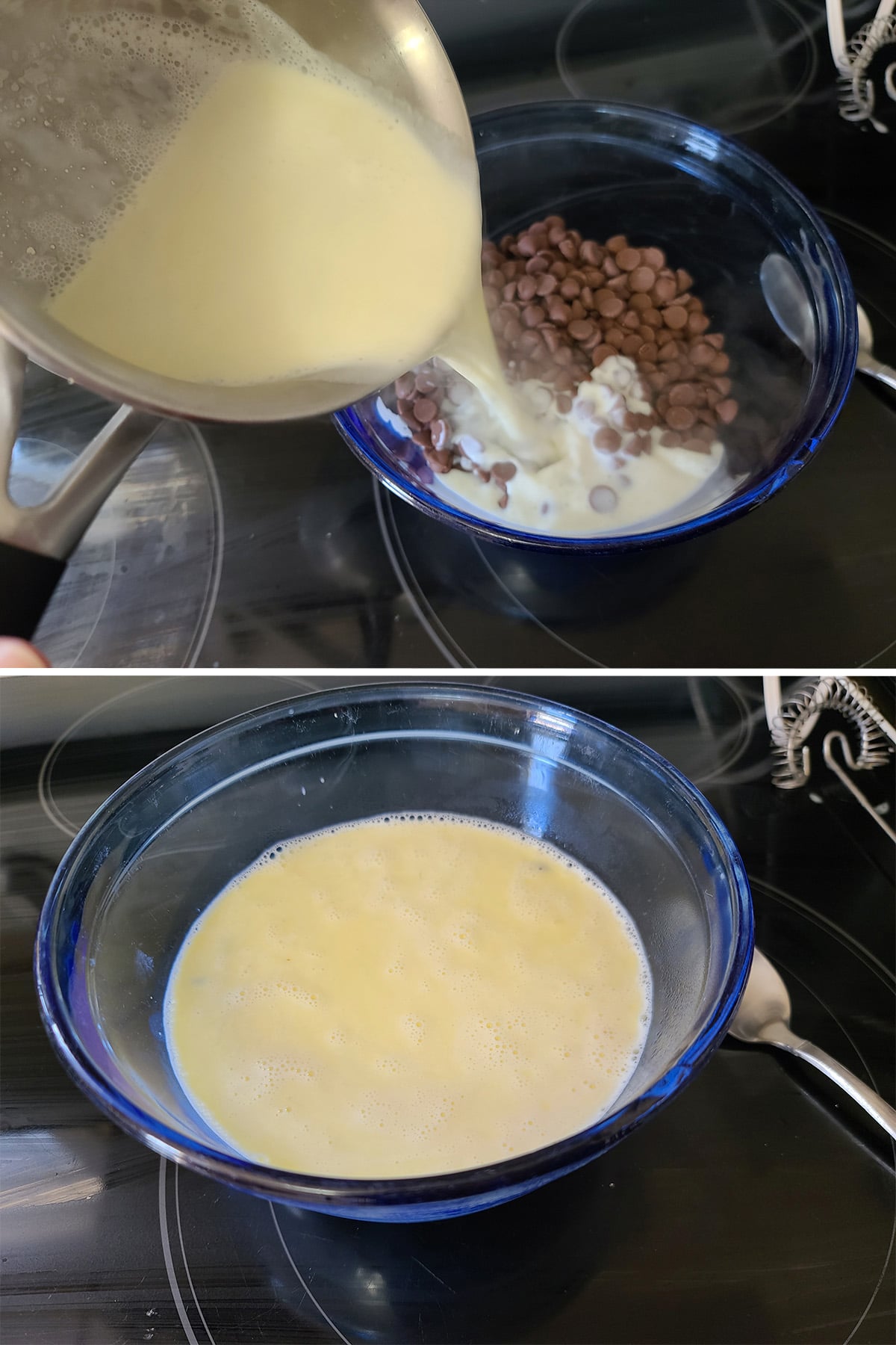 Hot cream and butter mixture being poured into the bowl of chocolate chips.