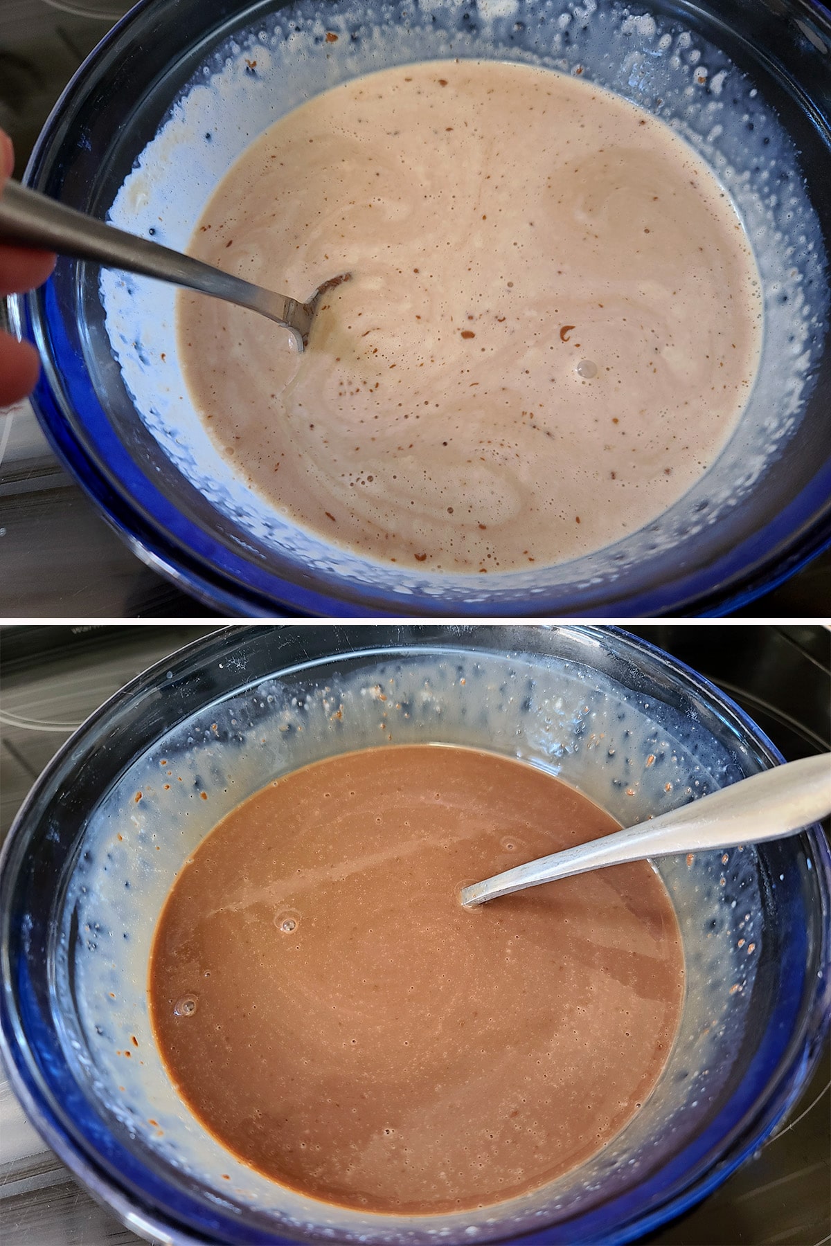 A 2 part image showing the hot cream being stirred into the melted chocolate chips.