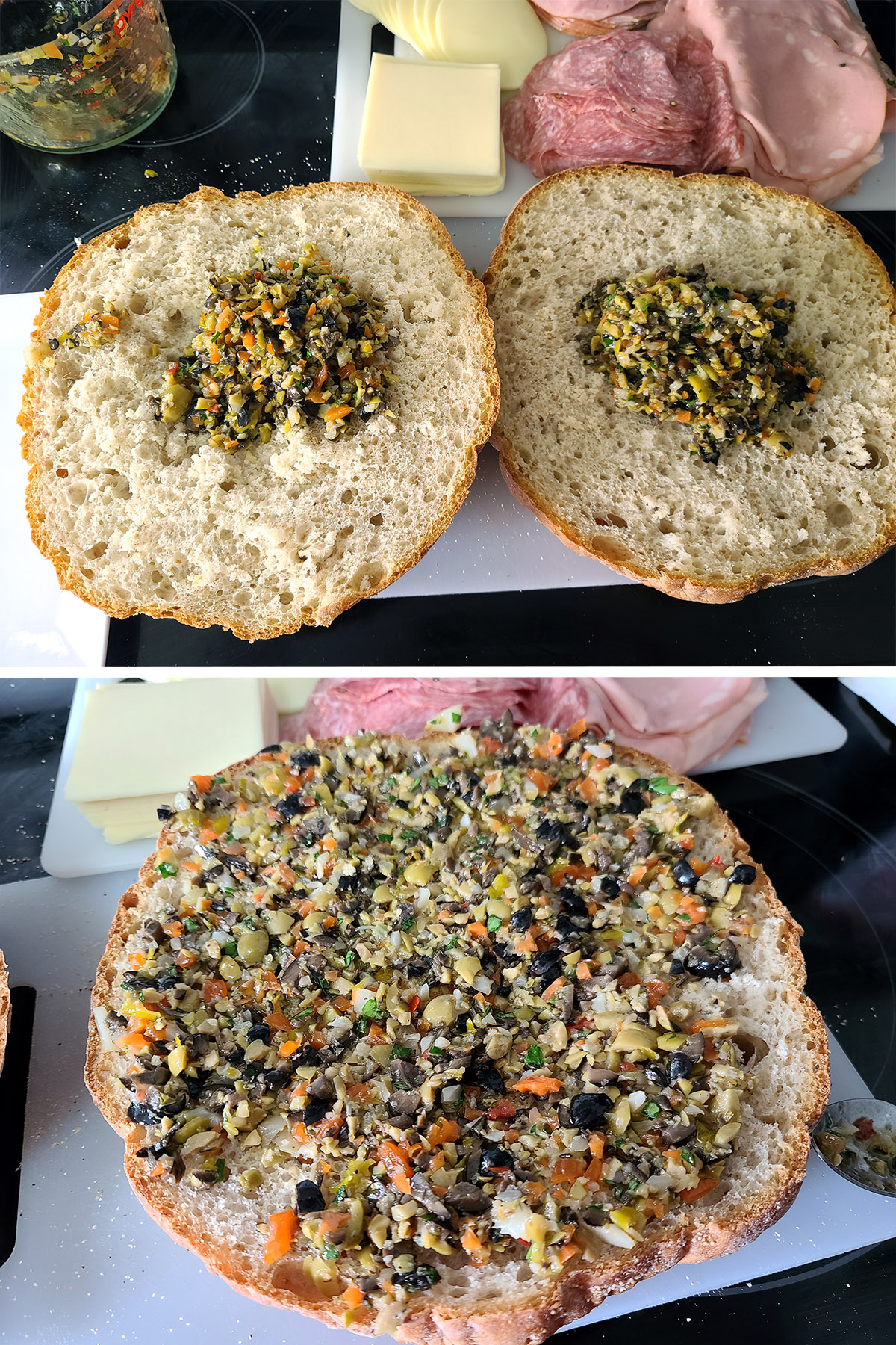 A two part image showing the loaf of bread split in 2 and spread with olive salad.