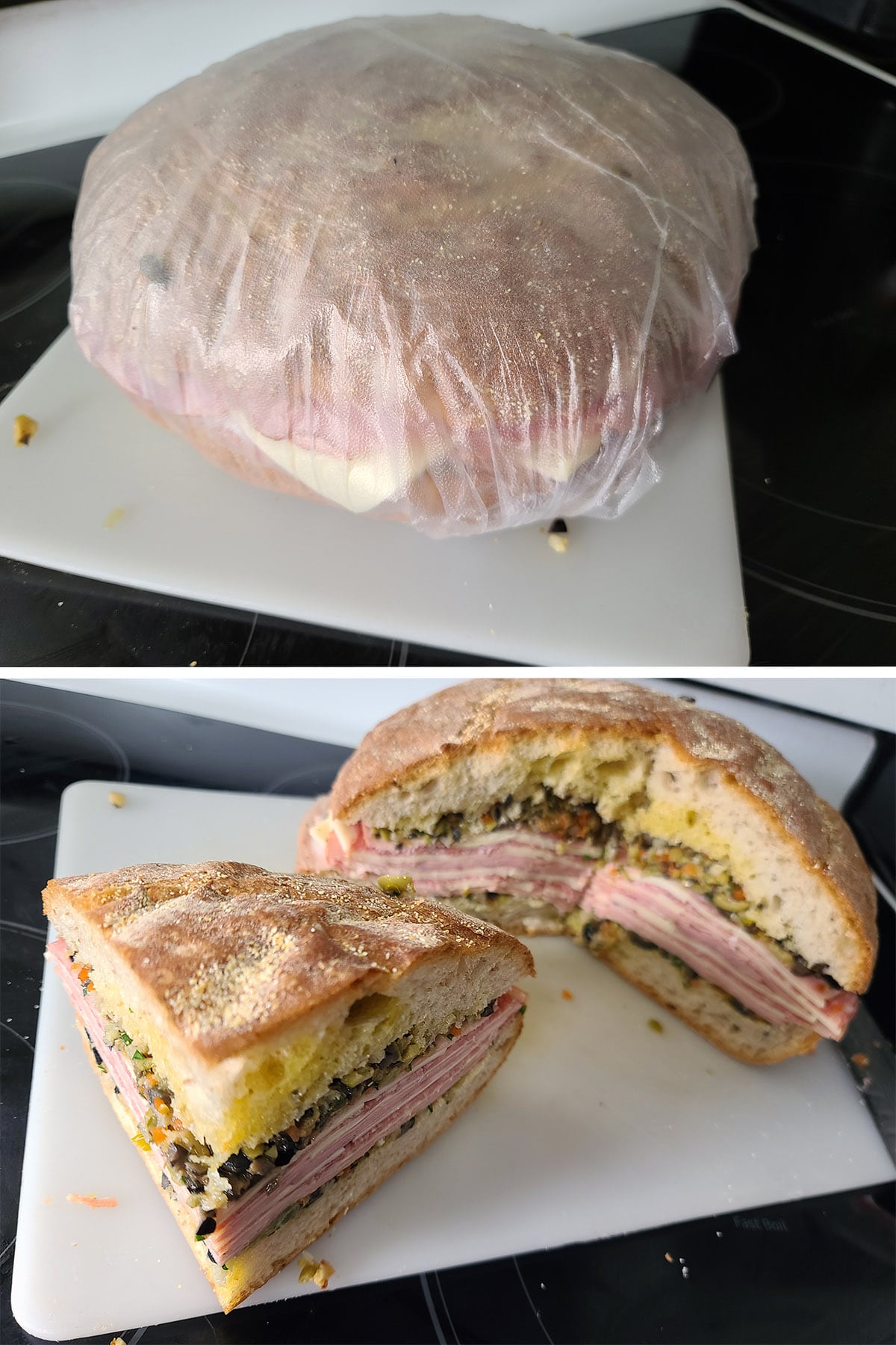 A two part image showing the wrapped whole muffaletta, then the unwrapped sandwich being sliced into wedges.