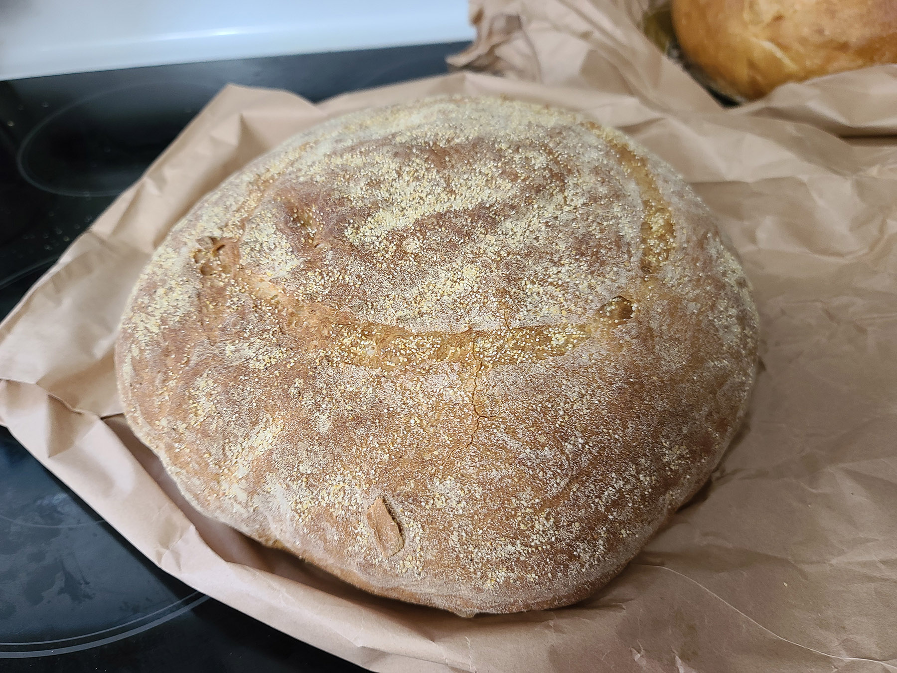 A loaf of calabrese bread, to be made into a muffuletta sandwich.