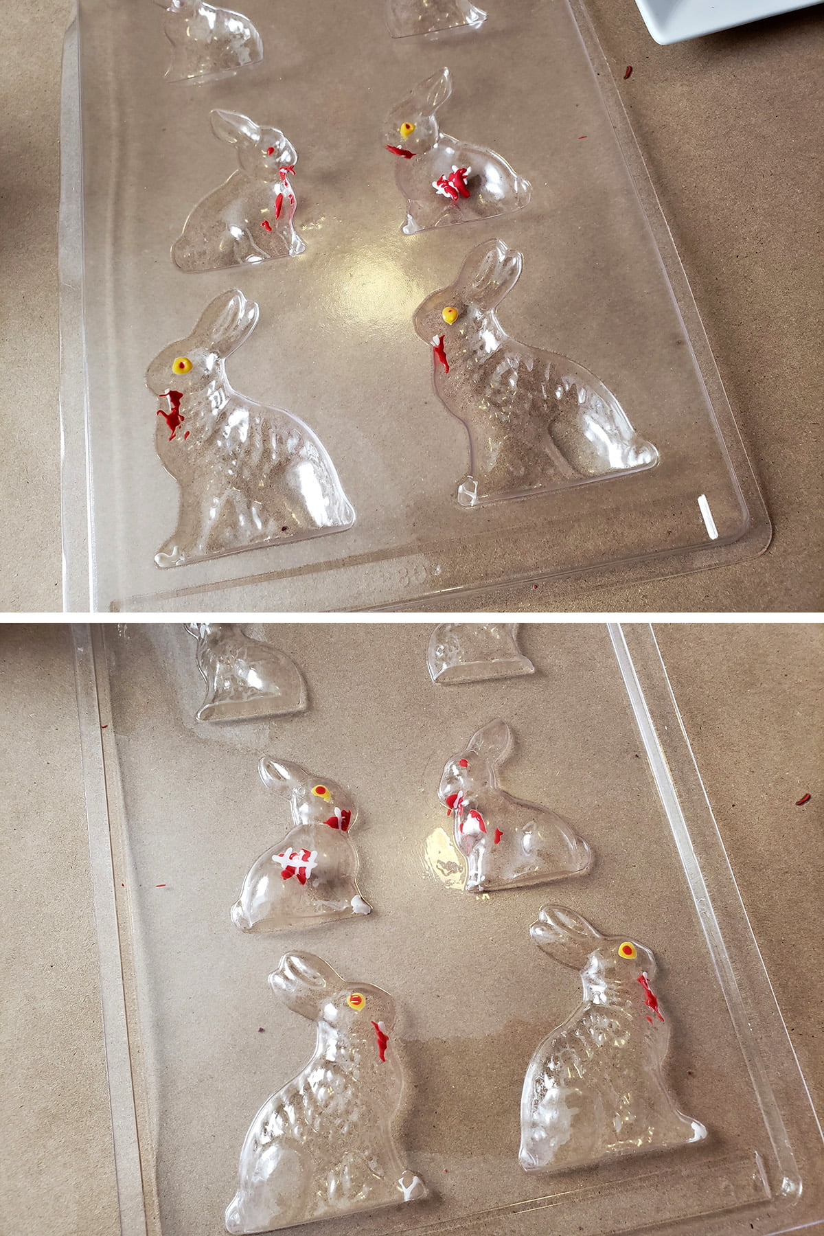 A two part compilation image shows both sides of a clear plastic bunny mold with some minor details filled in.