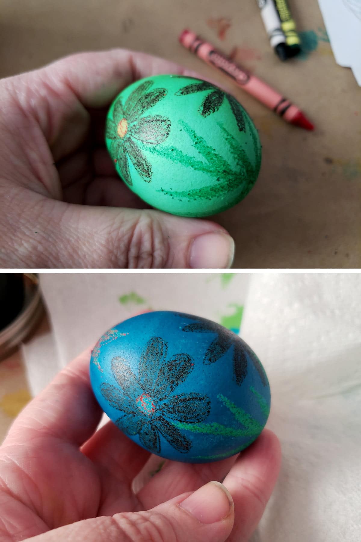 A two part image shows a green egg with black daisies on it, and a hand holding a now-blue easter egg with black daisies on it.