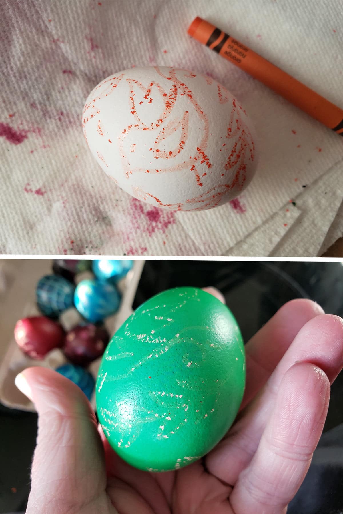 A two part image showing a white egg with orange design drawn onto it in crayon, and a green egg woth barely discernible white design on it.