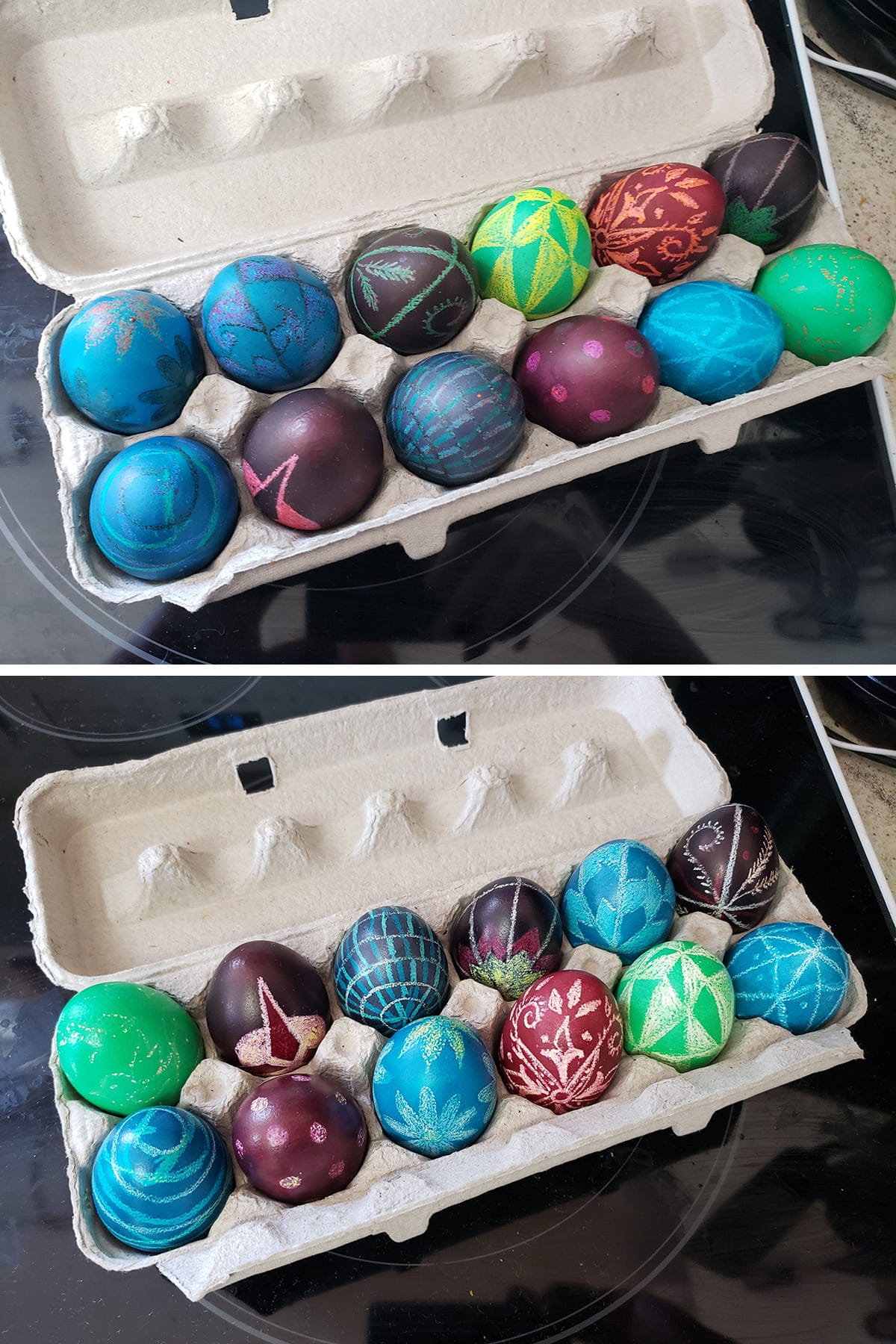 A two part compilation image, showing a dozen coloured eggs in an egg carton, before and after melting the wax off it.