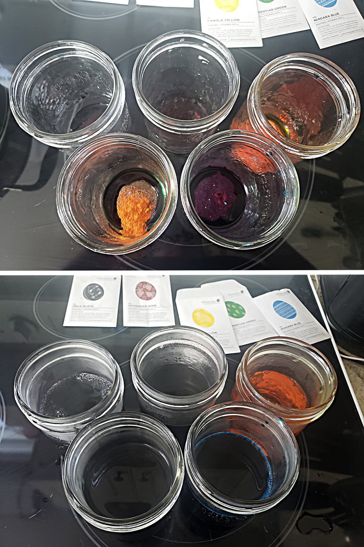 A two part image showing 5 glass mason jars with coloured powder in them, and then with water added to create the dyes.