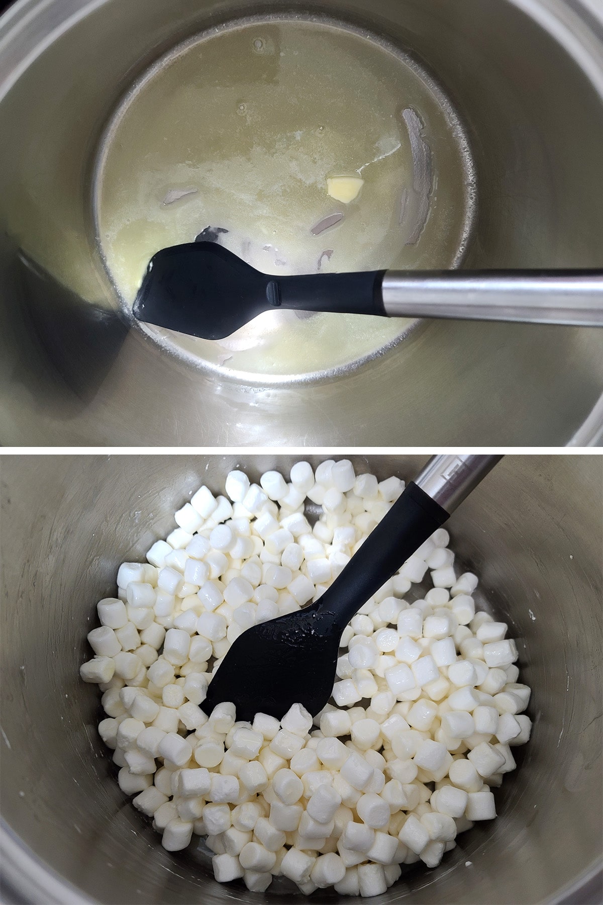 A two part compilation image showing butter melting in a pot, then mini marshmallows added to it.