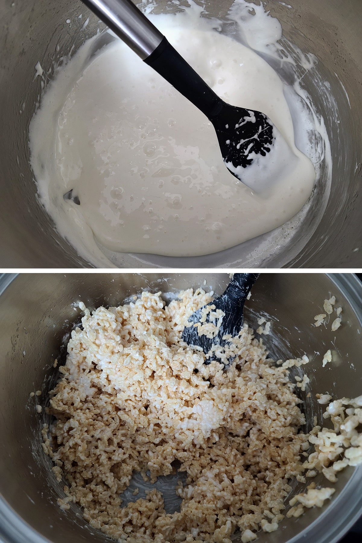 A two part compilation image showing melted marshmallows in a pot, then rice crispies added.