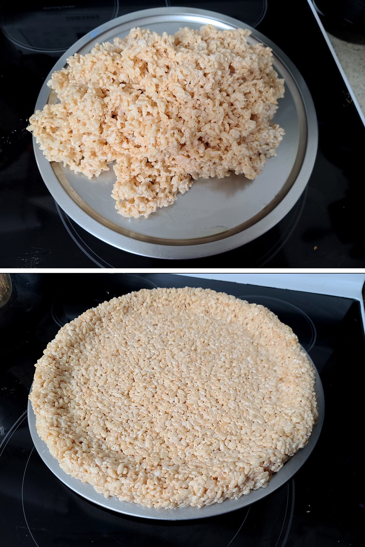 A two part compilation image showing rice crispy treat mix dumped into a pizza pan, then spread out and formed into a crust in the pan.