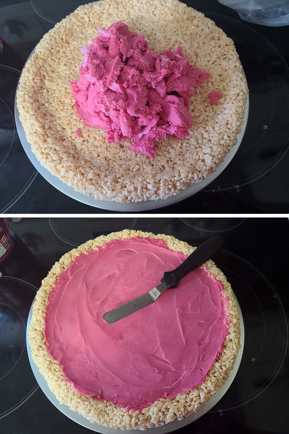 A two part compilation image showing dark pink sorbet spooned into the center of the rice crispy crust, then spread out to look like pizza sauce.