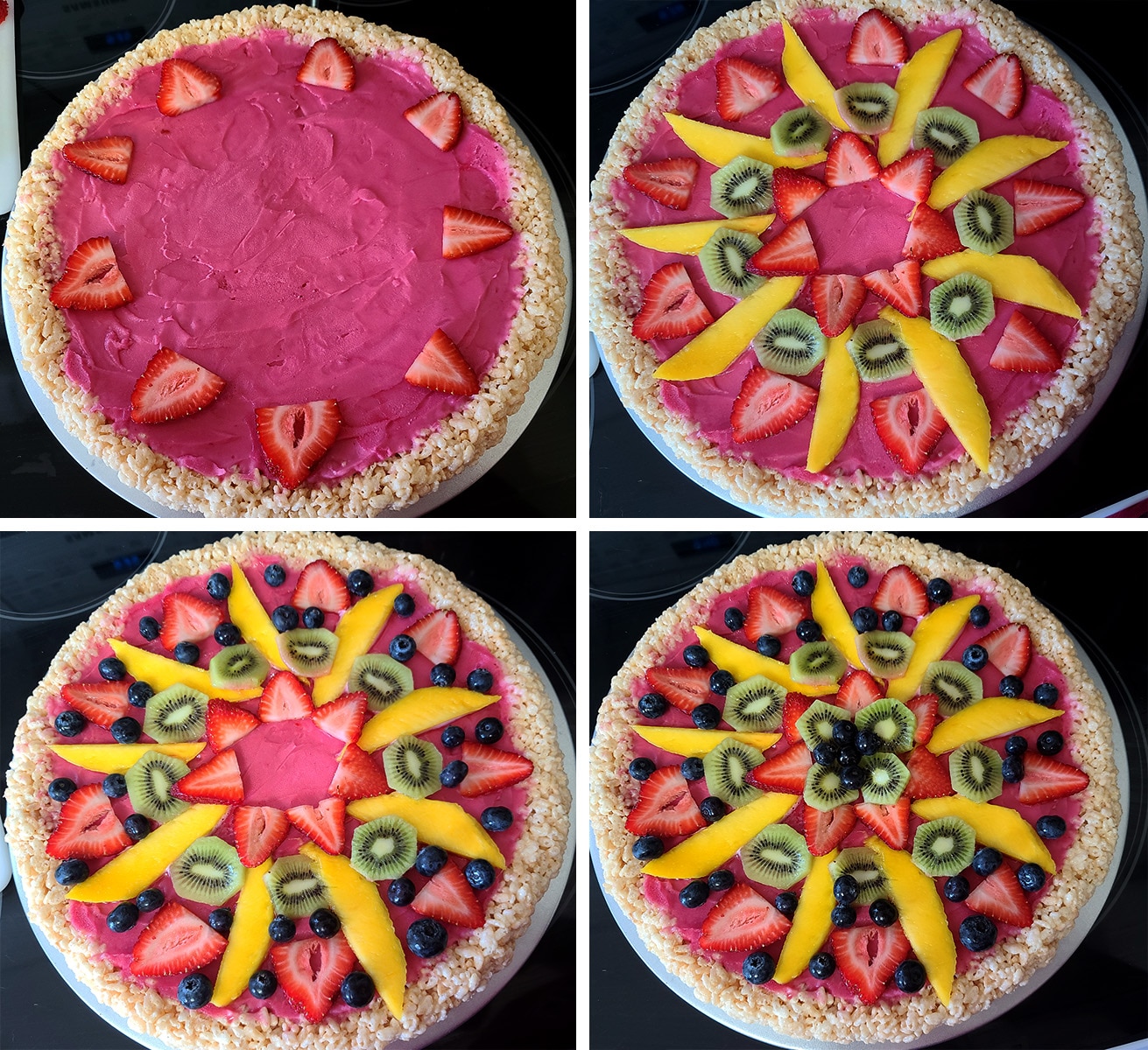 A four part compilation image showing the progression from plain sorbet/crust, through the addition of several types of fruit, into the fully decorated dessert pizza.