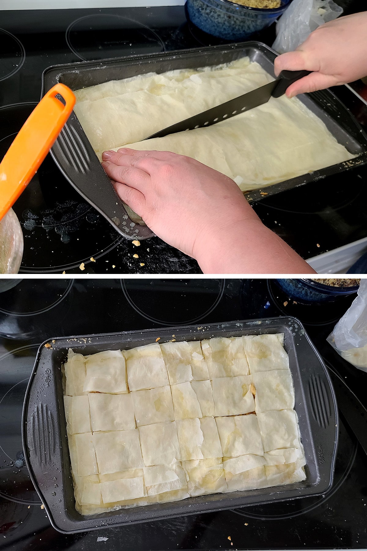 A two part image showing a large knife being used to cut the raw baklava, and the pan of balava cut into squares.