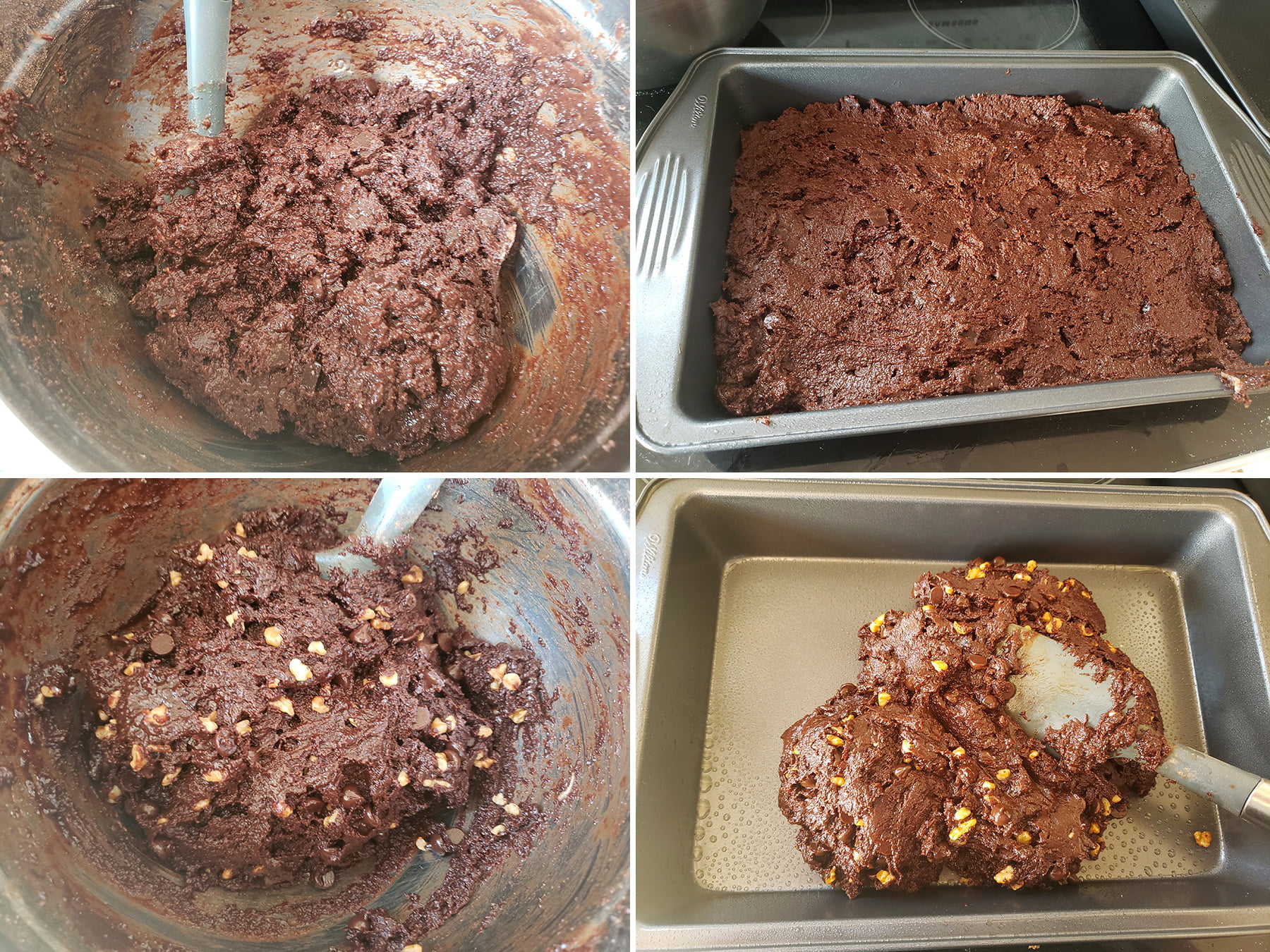 A compilation of 4 images of brownie batter being stirred and spread in pans.