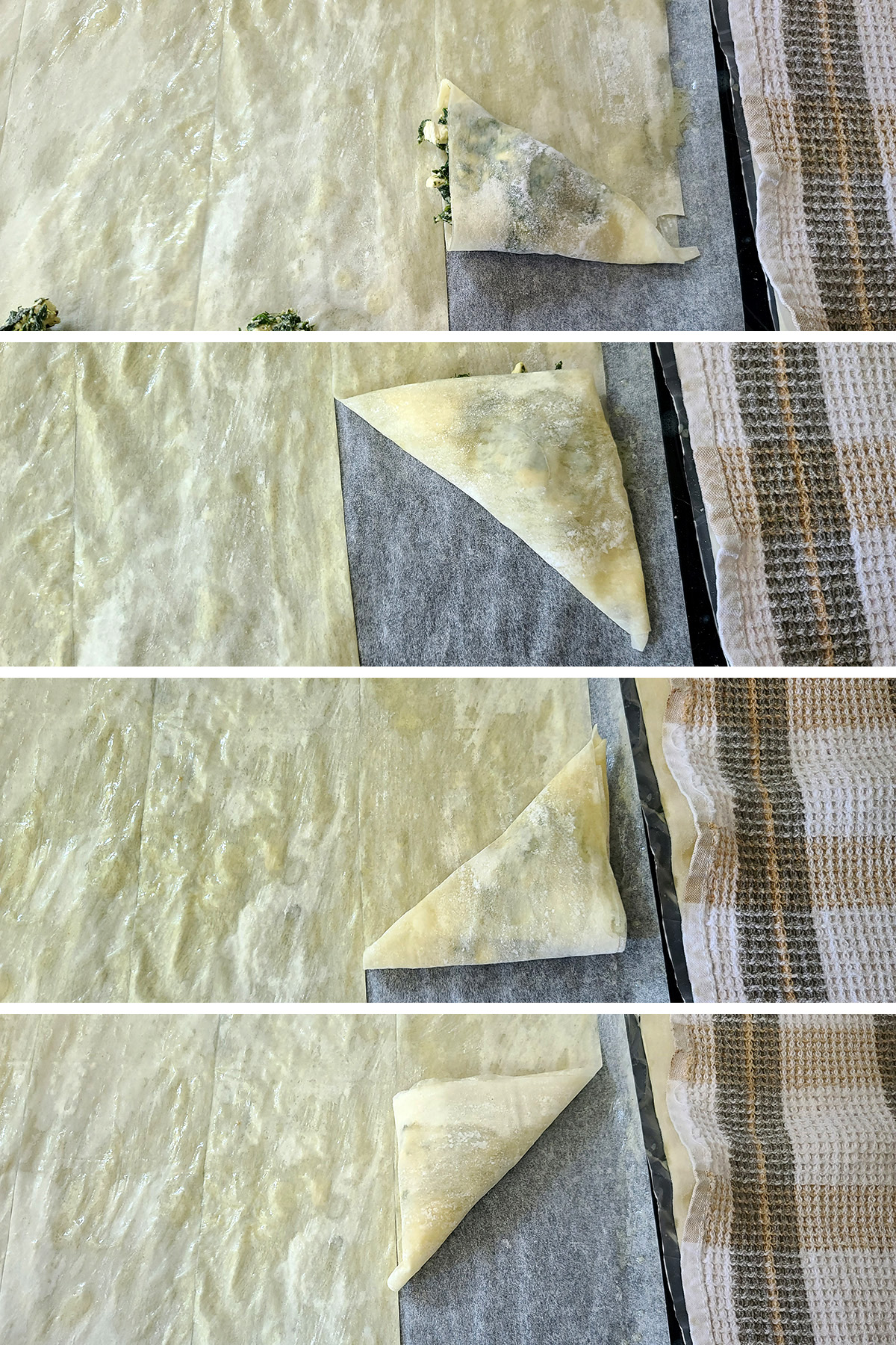 A 4 part progression image showing the triangle of phyllo being folded over itself 4 times, flag style.