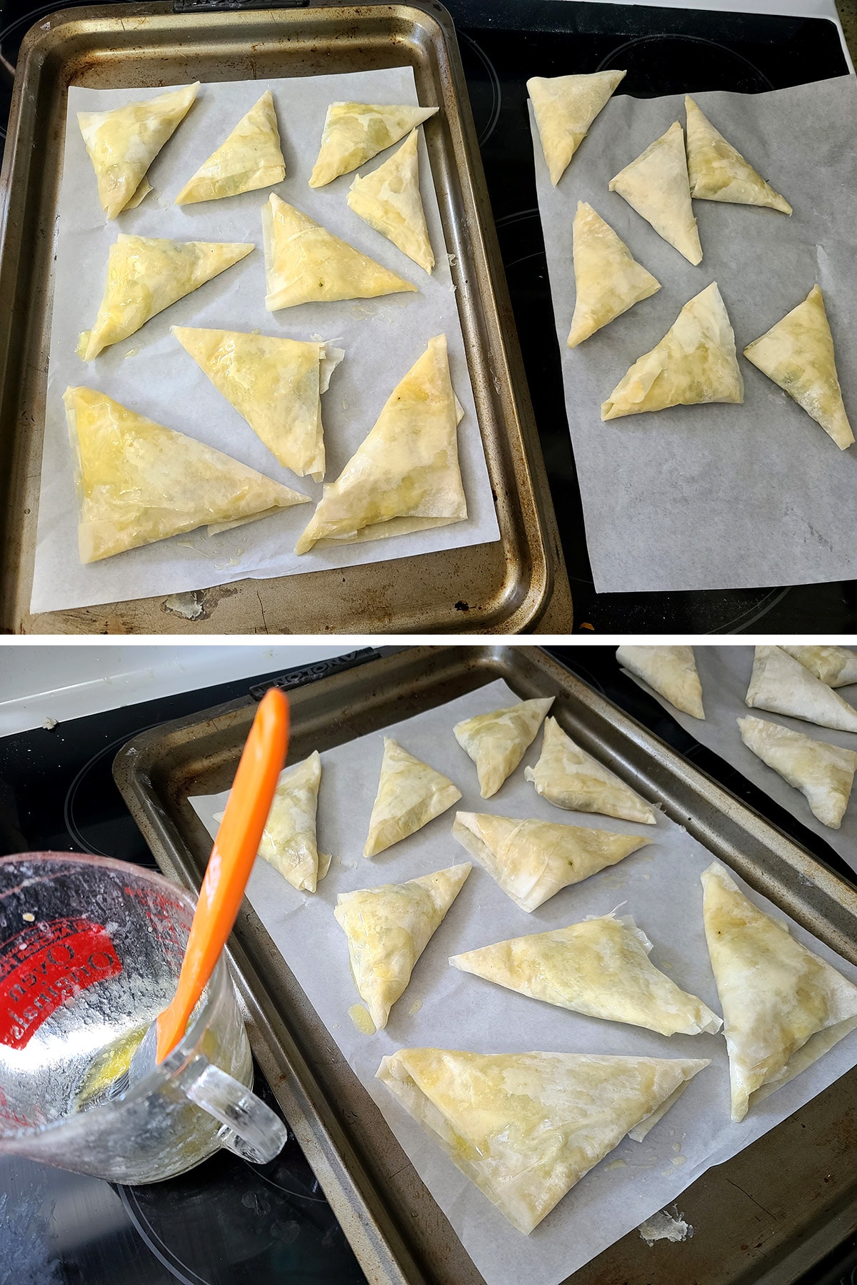 A two part compilation image showing triangles of spanakopita laid out on parchment lined baking sheets, then brushed with butter.