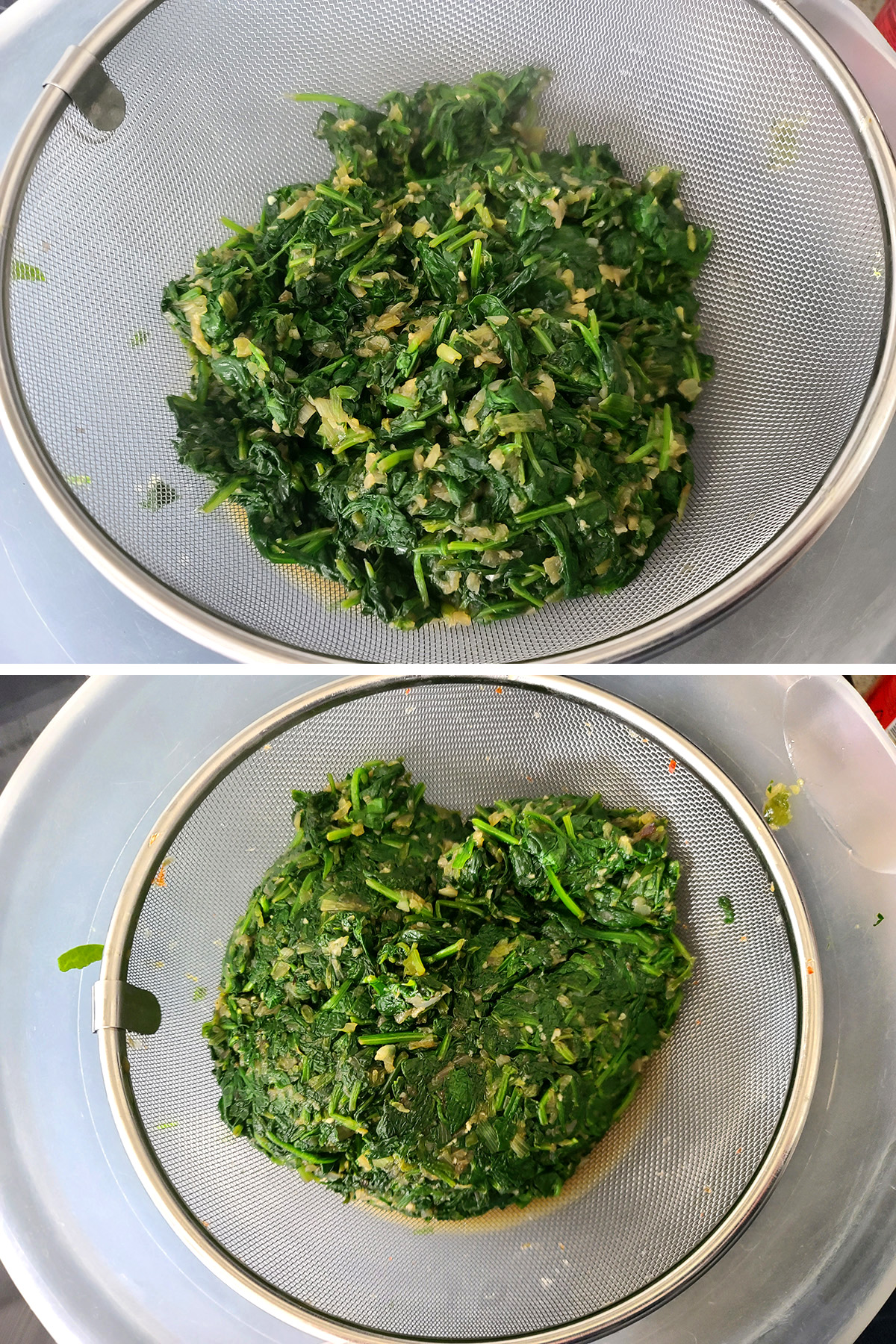A two part image showing the spinach mixture draining in a metal sieve, before and after excess liquid has been squeezed out.