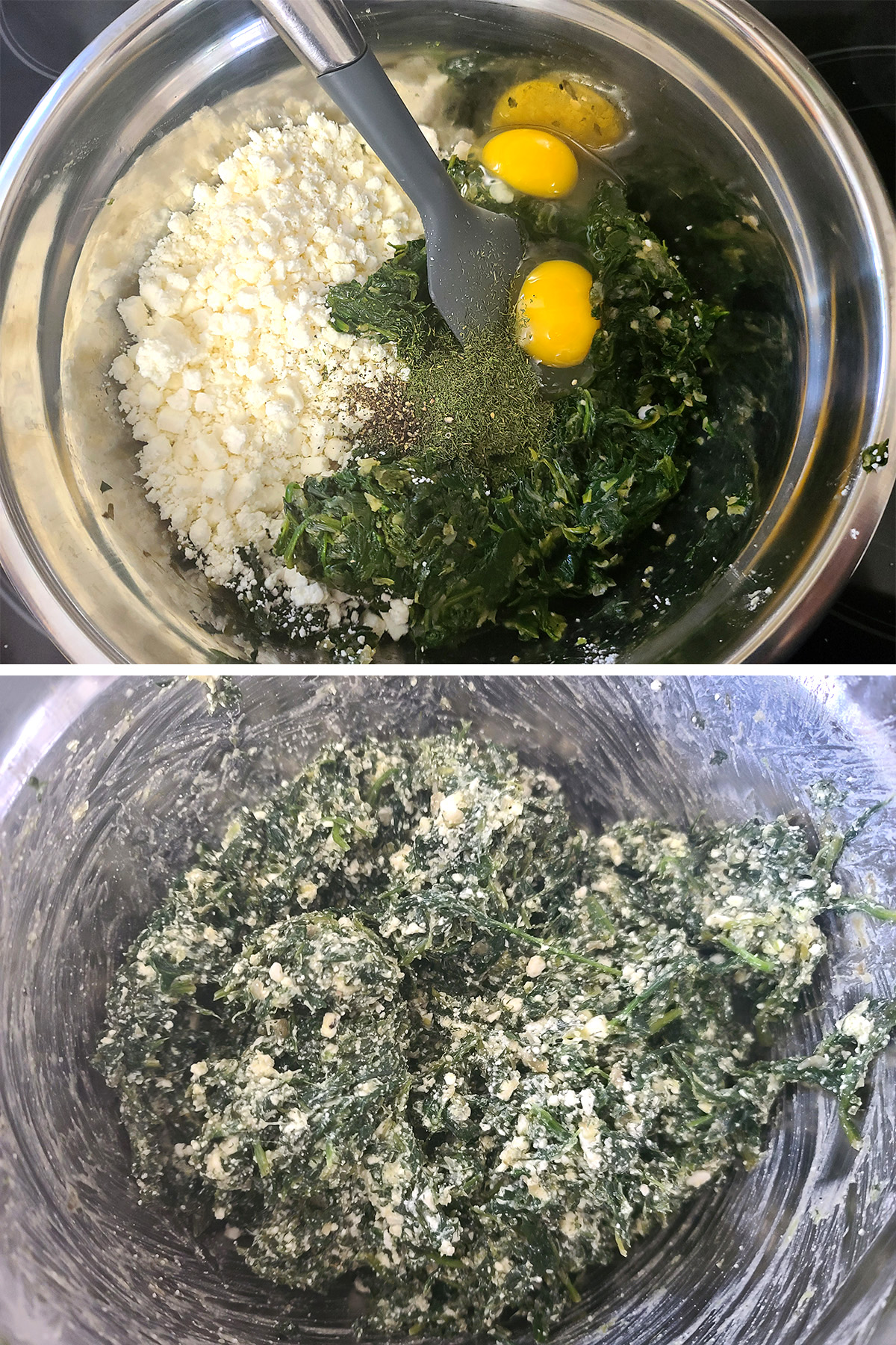 A twp part image showing spinach, feta, and eggs in a mixing bowl, before and after being mixed together.