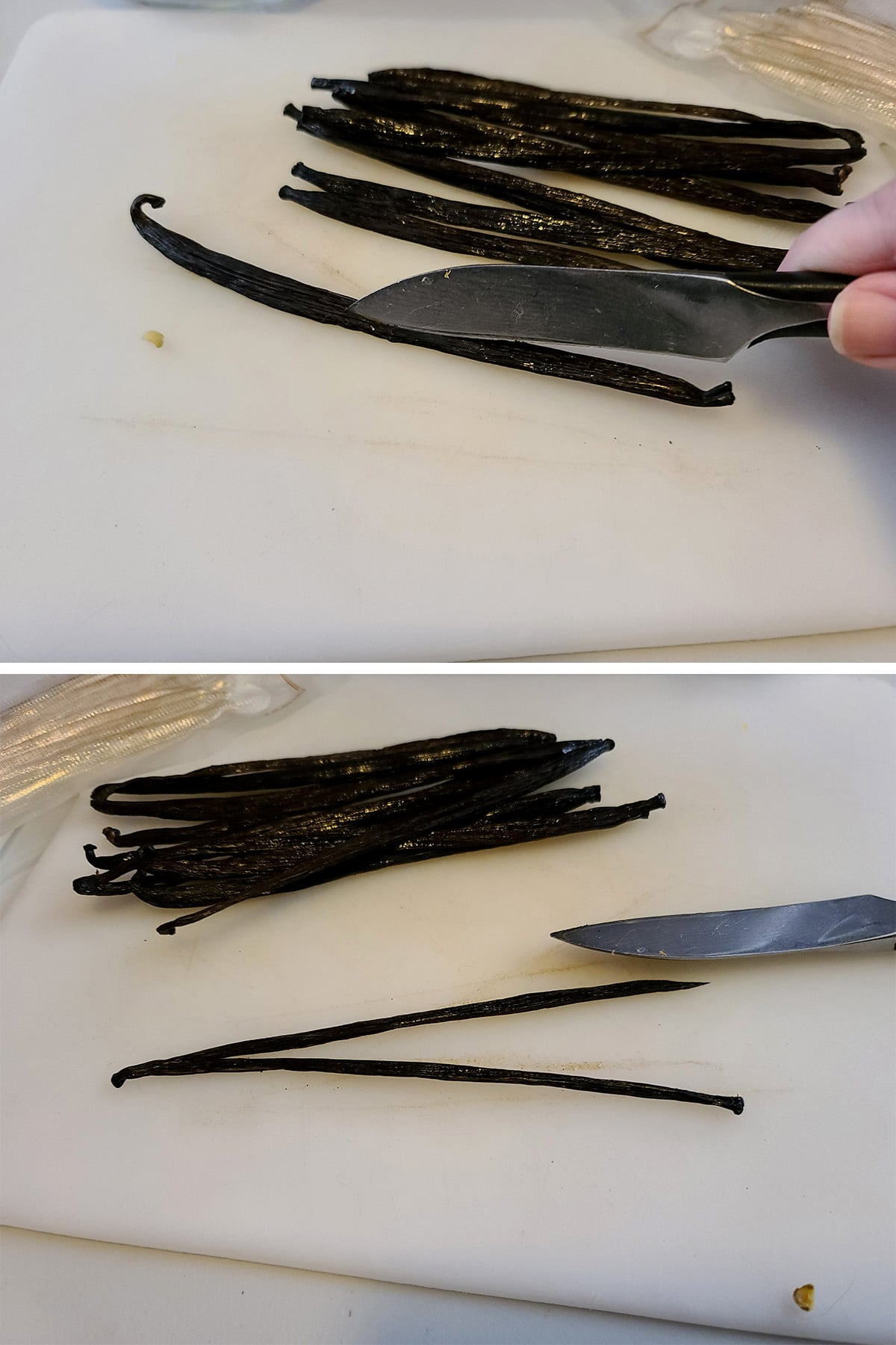 A paring knife is shown splitting a vanilla bean up the length of it.