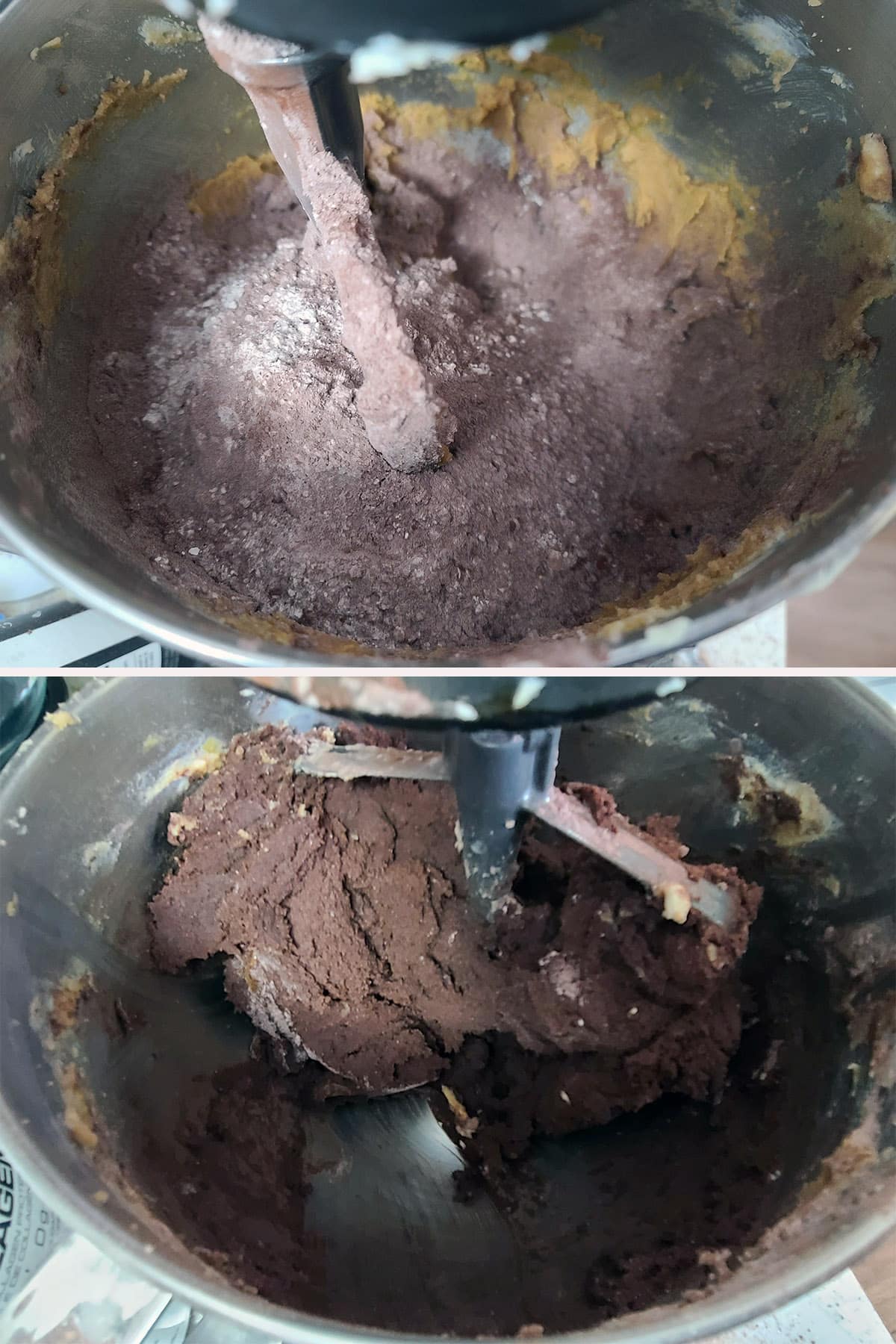 A 2 part image showing the dry ingredients being mixed into the wet ingredients.