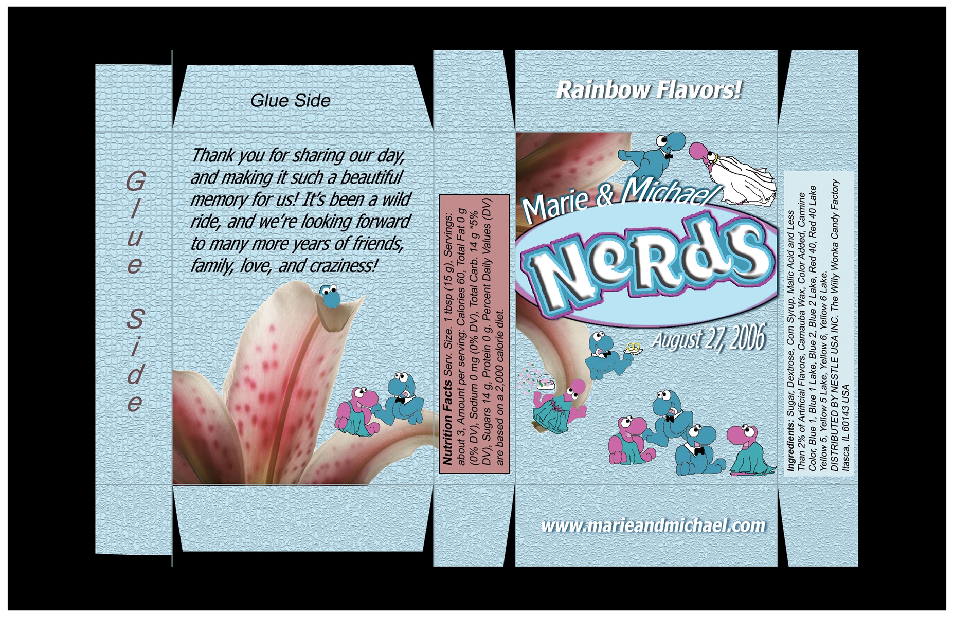 A computer rendering of a flattened out Nerds candy box. It's light blue, with pink and teal accents.