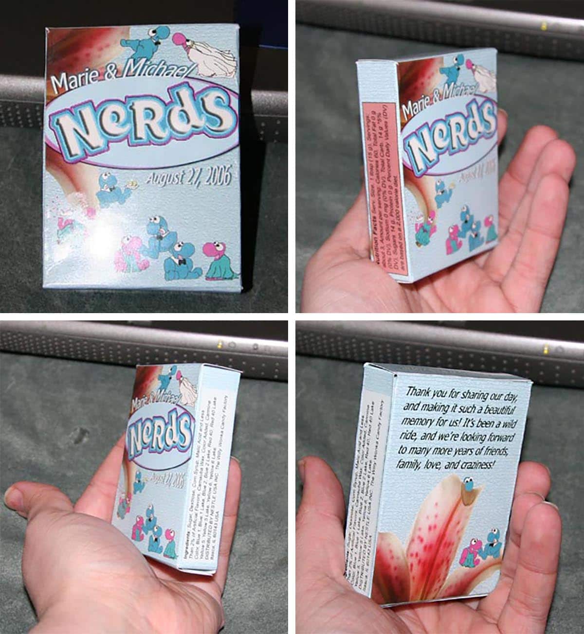 A 4 part image showing all sides of a custom Nerds candy box.